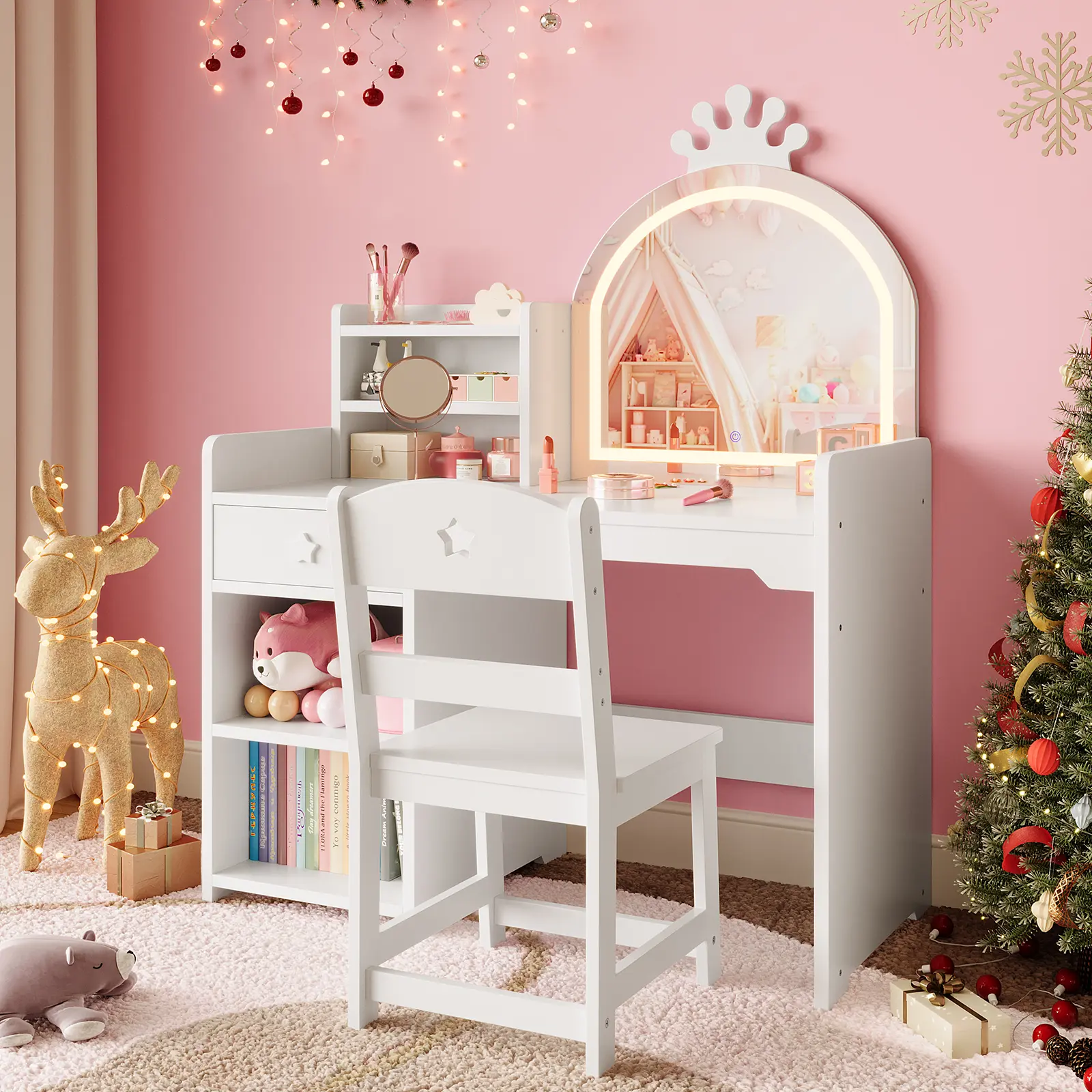 Kids Vanity with Lighted Mirror, Princess Vanity Set for Girls, Toddler Vanity Table & Chair Set with Storage & Open Bookshelf