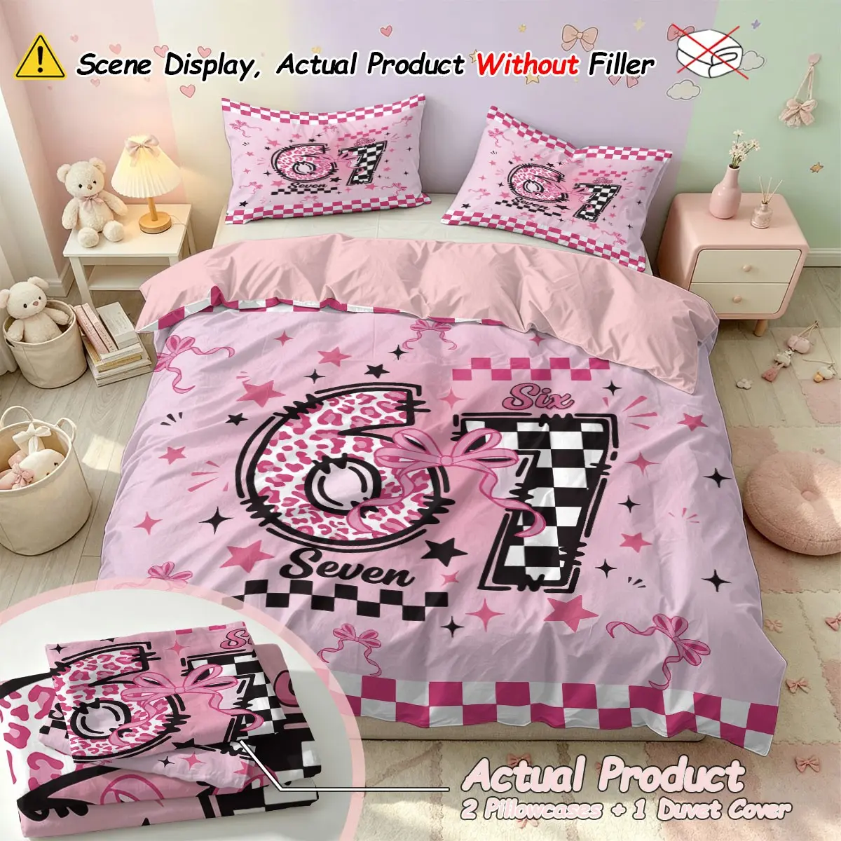 Girls' Style 67 Number Print Duvet Cover Set, Soft Comfortable Bedding Set, Room Decor, All Seasons, Gift Idea, 1 Duvet Cover + 2 Pillowcases