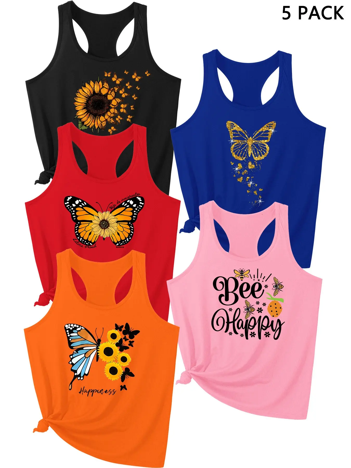 Summer Trendy Vest Set, Heart Print, Outdoor Sports, Navy, 5 Pcs, Casual Fitted Vest, All Seasons