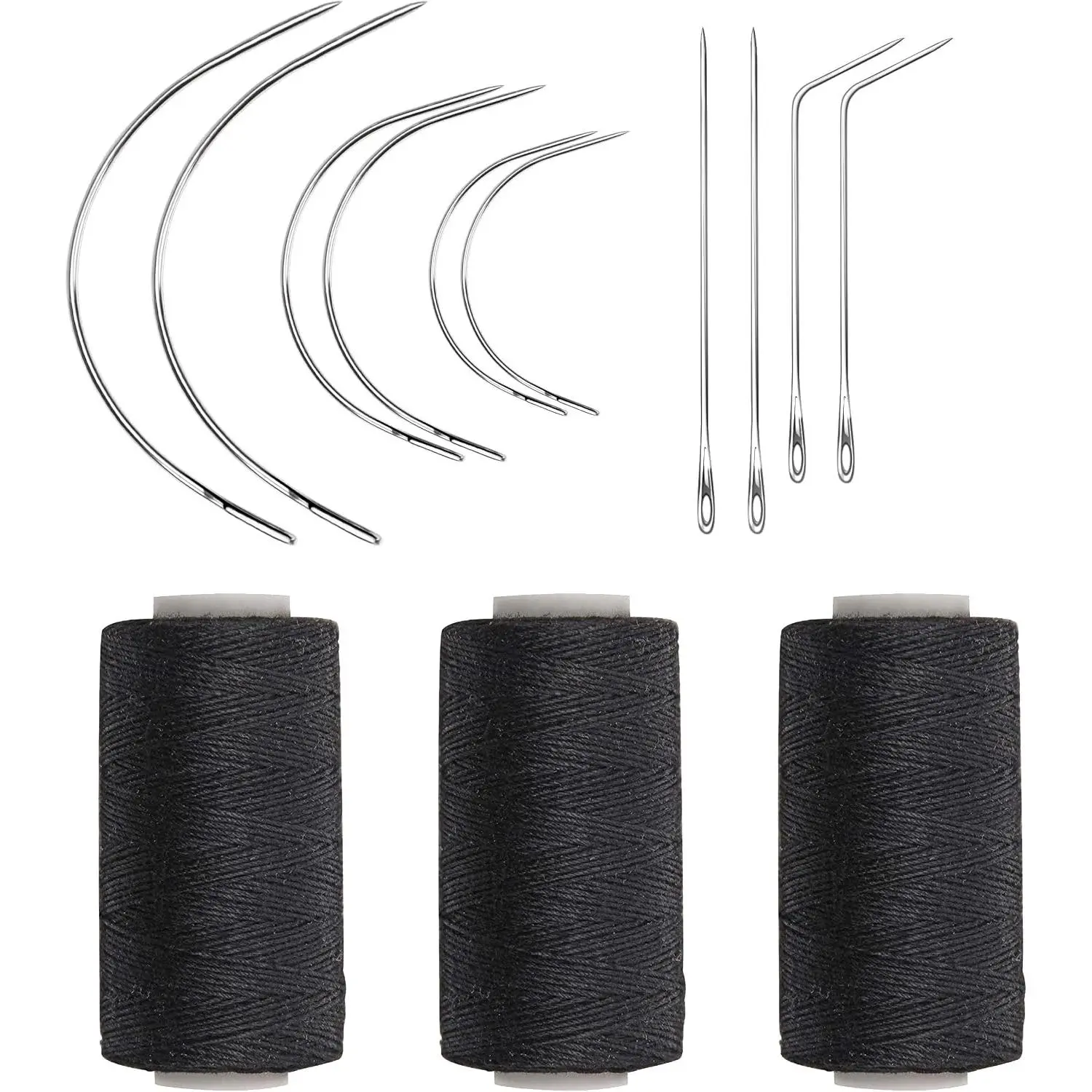 Weaving  Combo Deal Black Thread with 10 count  for Making Wig Sewing Hair Weft Hair Weave Extension, Big Medium and Small C J Shape Curved  I  (3 Thread Black + 10 )
