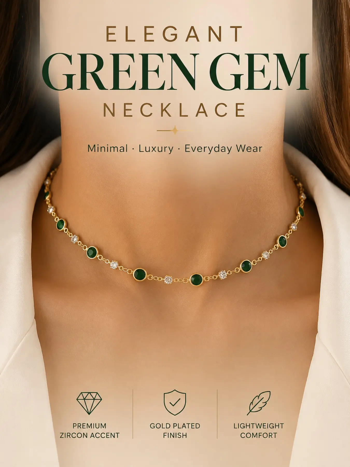 Green Gemstone Necklace Gold Plated Dainty Choker Necklace for Women Luxury Jewelry with Sparkling Zircon Accents Hypoallergenic Necklace Gift for Her Birthday Anniversary Holiday Everyday Wear, Daily Wear Necklace, Luxury Gifts