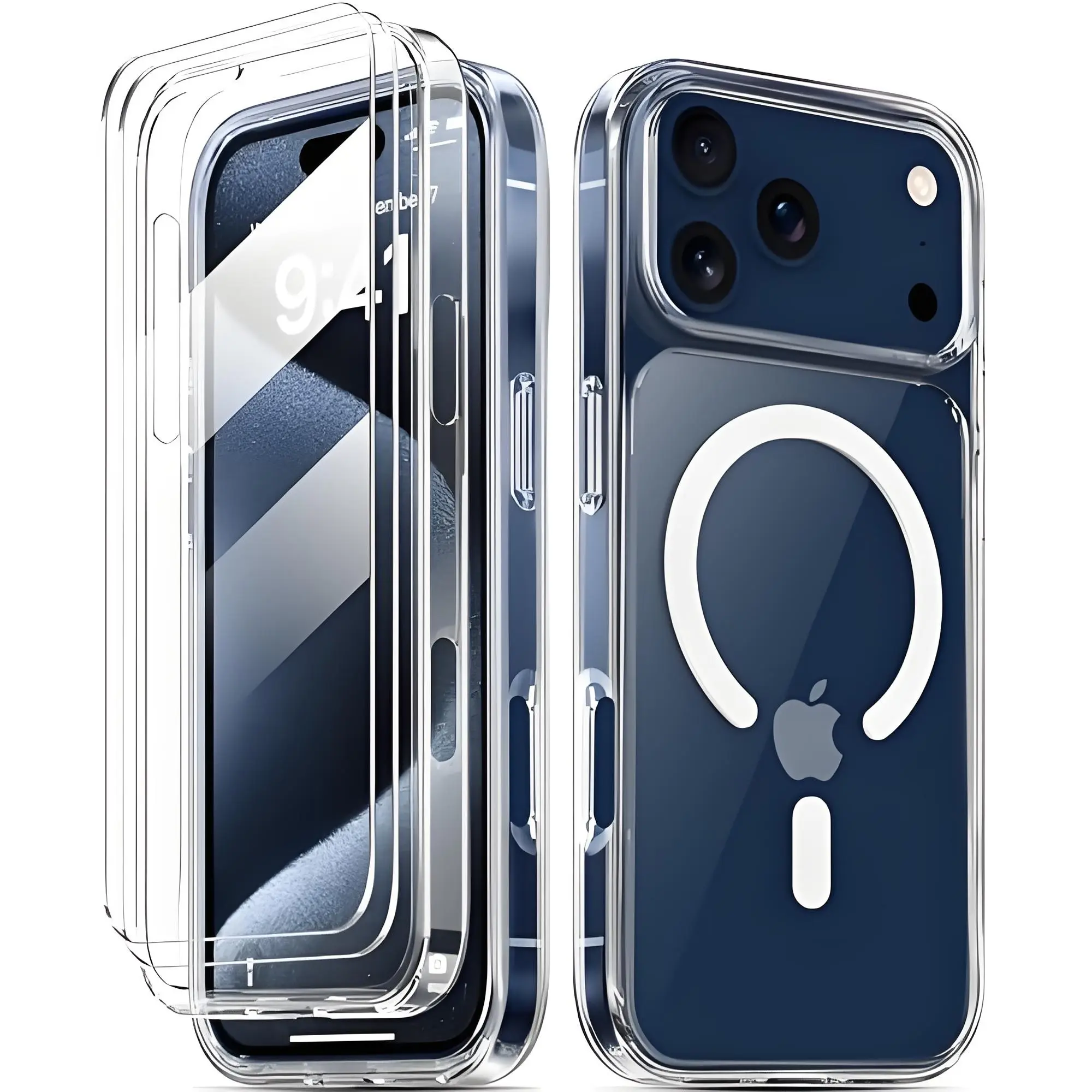 Case for iPhone 17 Pro Max/16 Plus/15 Pro/14/13/12/11, with screen protector, compatible with MagSafe, military-grade drop protection up to 17 feet, dual-layer classic hybrid magnetic case bumper, transparent