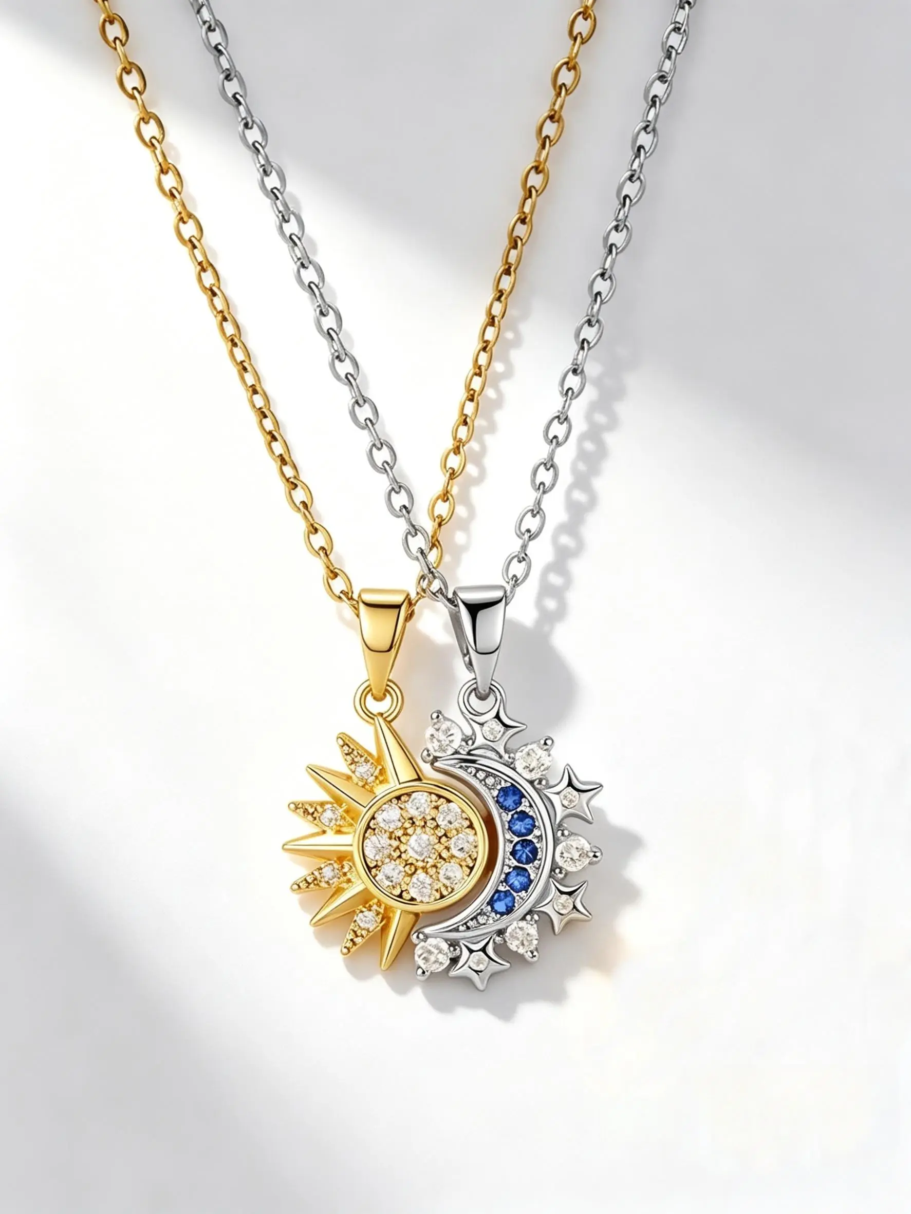 2pc Sun Moon Couple Necklaces Magnetic Matching Pendant Gold Silver Layered Chain Cubic Zirconia Jewelry Lovers Bestie Birthday Valentine Anniversary Easter Gift for Women Girlfriend Boyfriend Sister Matching Necklaces Jewelry TikTok Made Me Buy It