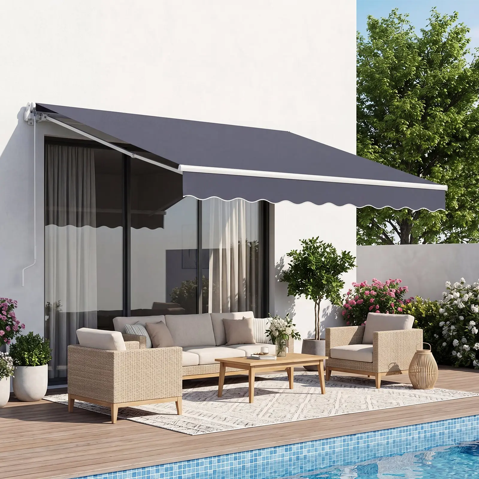 VEVOR Manual Retractable Awning, 8.2' x 6.6' Outdoor Patio Awning Retractable Sun Shade, Patio Door Window Water-Resistant Polyester Sunshade Shelter with Crank Handle for Deck, Balcony, Yard, Gray