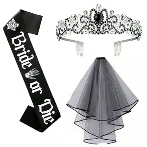 3Pcs Black Gothic Bridal Set, Crystal Crown, Veil with Comb & Bride or Die Sash, Dark Horror Style Accessories, Party Decor for Gothic Wedding, Halloween, Masquerade, Cosplay & Bachelorette Party