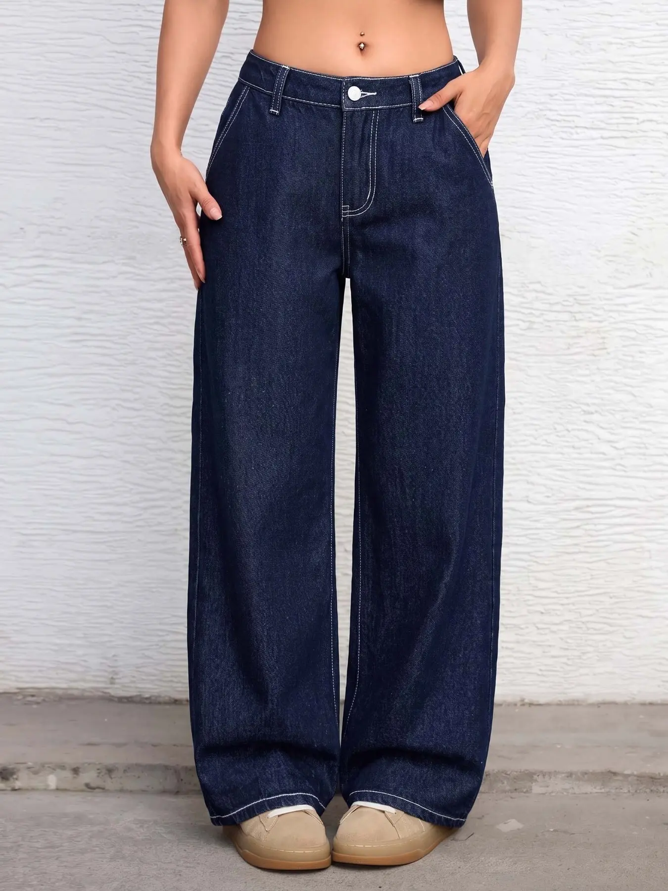 Men's Blue Color Block Patchwork Rivet Comfortable Loose Wide Leg Jeans, Casual Slim Fit Denim Jeans for All Seasons