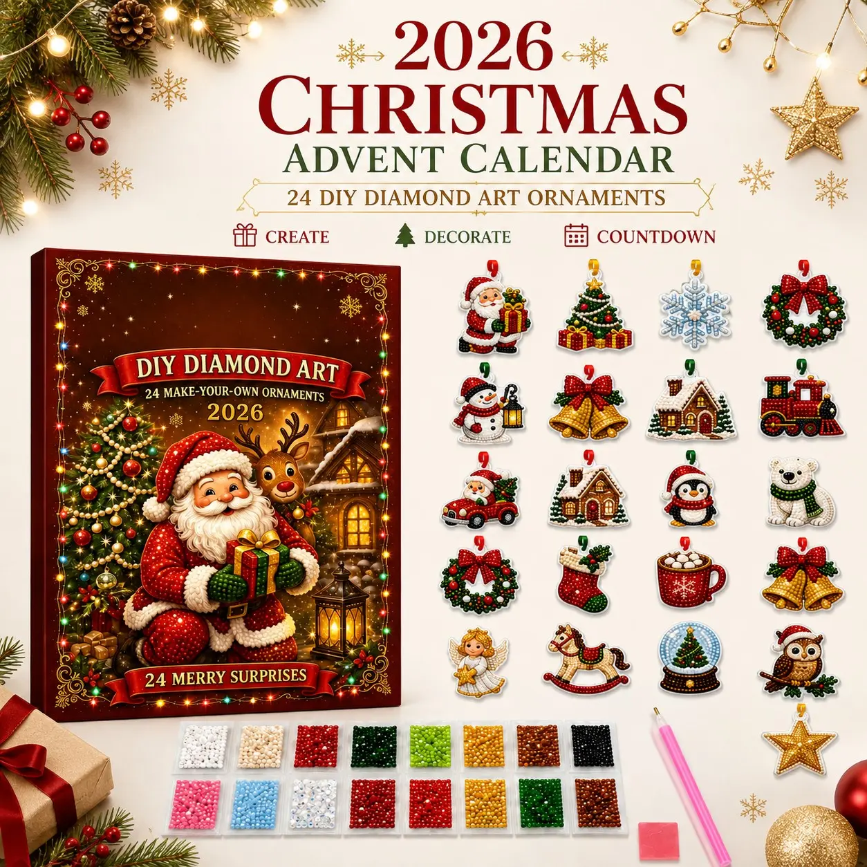 24 PCS DIY Diamond Art Christmas Ornaments Kit, 2026 Christmas Advent Calendar, 24 Day Countdown Hanging Craft Decorations for Christmas Tree, Window, Door, Wall, Fireplace, Home, Office, Classroom and Holiday Party Decor