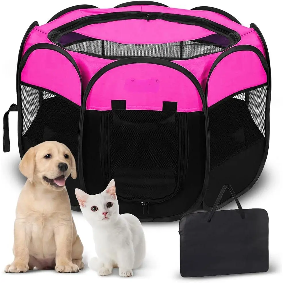 Pink Extra-Small Portable Foldable Pet Playpen for Indoor Cats - Enclosed Tent Crate with Zippered Top Cover Door for Kitten Use, Portable Crate for Outdoor RV Car Storage, Zippered Door