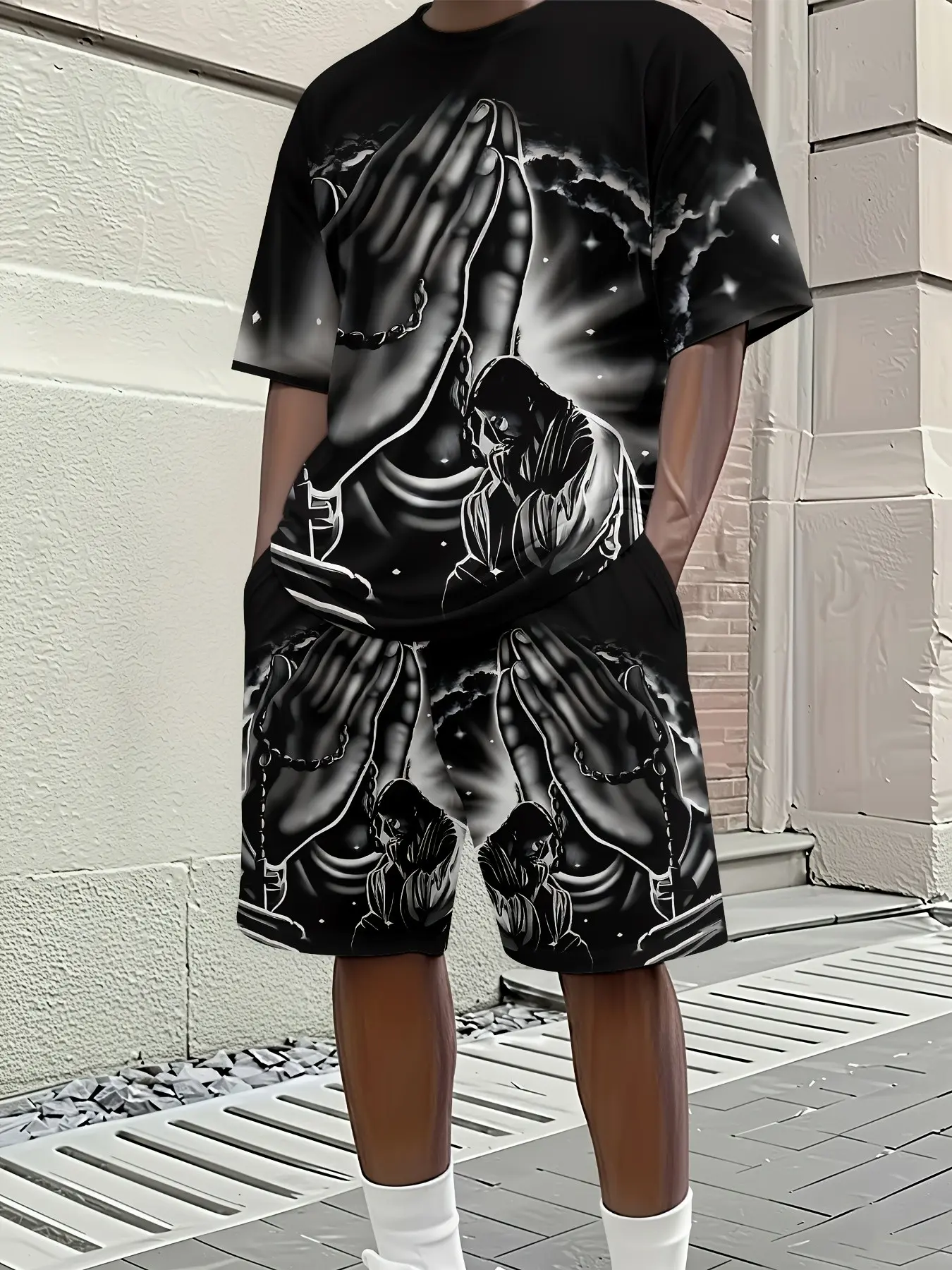 Men Praying Hands Jesus Rosary 3D All Over Print 2 Piece Outfit Short Sleeve T-Shirt Drawstring Shorts Faith Streetwear Matching Tracksuit Set