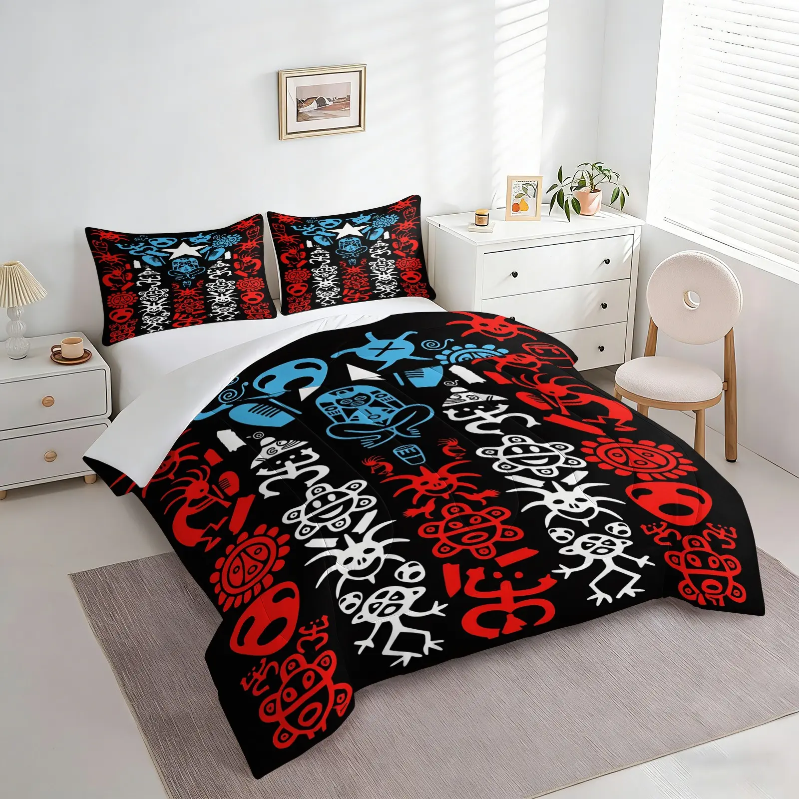 Red & Cyan Contrast Puerto Rico Taino Ancient Totem Comofrter Set, 1 Quilt & 1-2 Coreless Pillowcases,Features Red, White And Blue Designs With Sun, Coqui Frog And Ancestor Human Totems, Ideal For Vintage Tribal Style Bedroom Decor