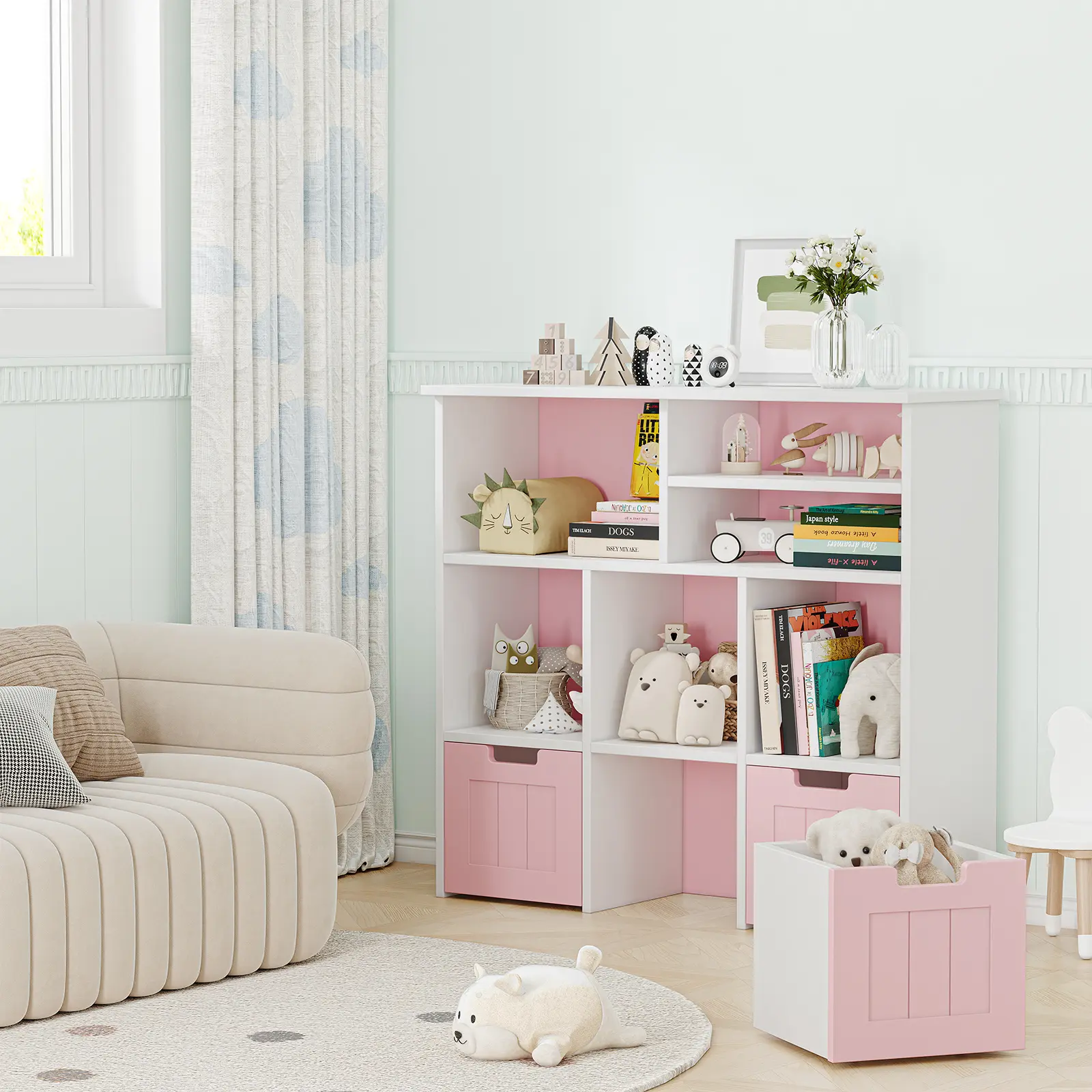 【IdealHouse】3-Tier Wooden Kids Bookshelf and Toy Organizer Cabinet with 3 Movable Drawers, 6 Storage Cubbies and Hidden Wheels, Multifunctional Children Furniture for Bedroom, Playroom and Nursery, Pink White