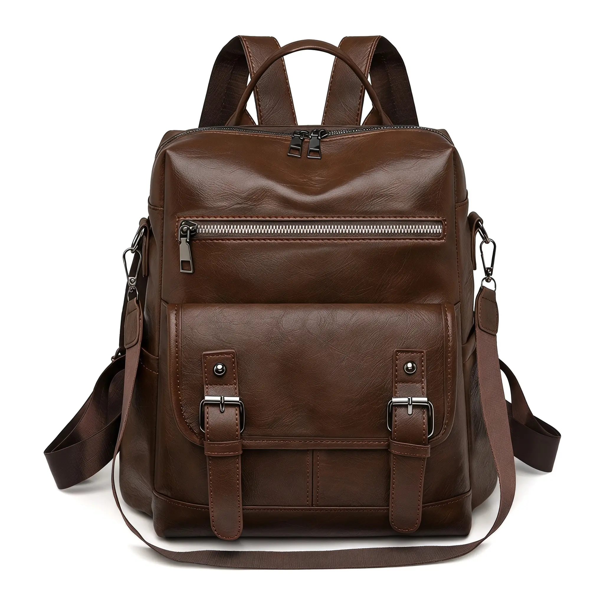 Retro PU Leather Backpack For Women Waterproof Travel Casual Daypack Convertible Shoulder Bag Handbag With Magnetic Belt Buckle Vintage Multi-Pocket Lightweight Large Capacity Fits 12 Inch A4 iPad For Daily Commute School Work