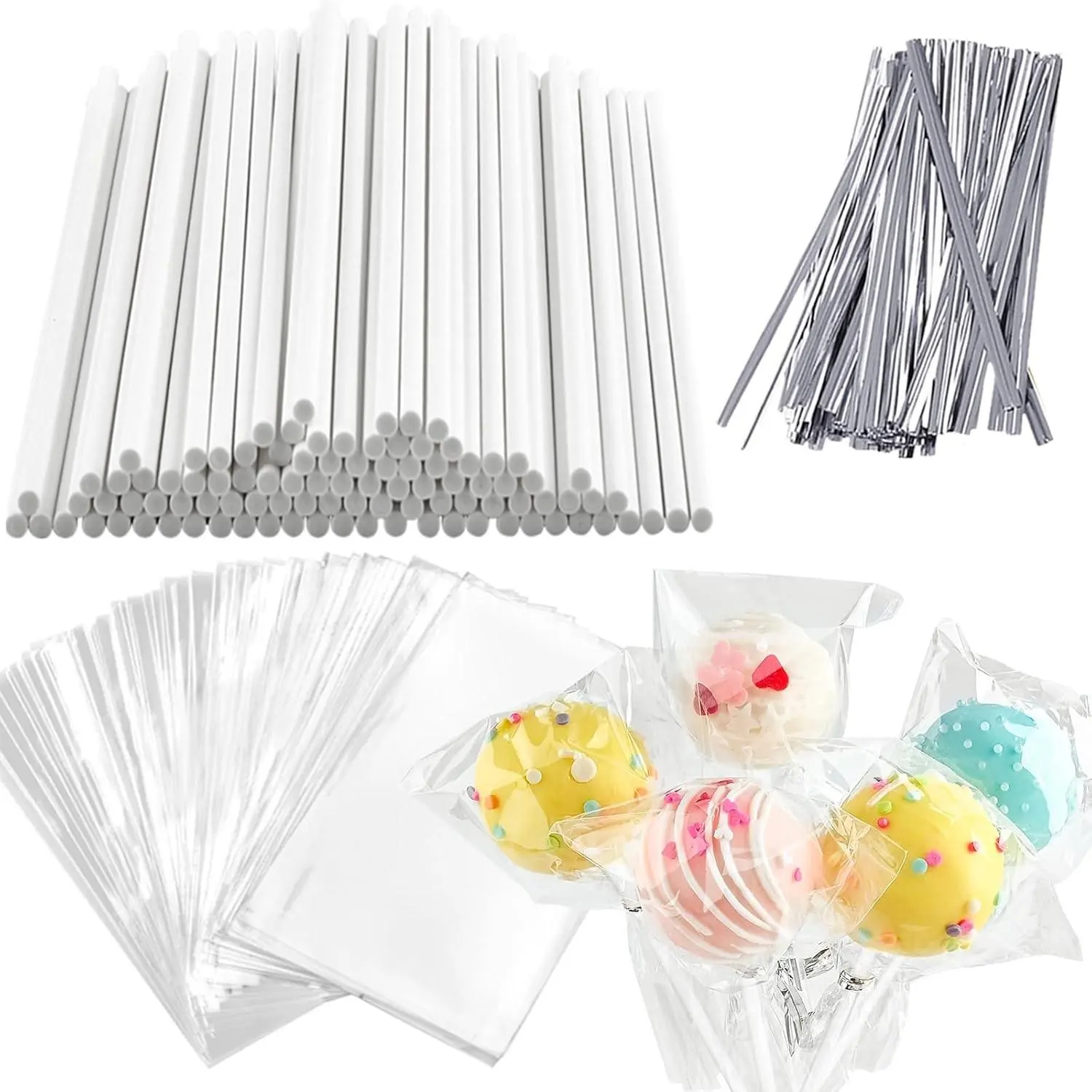 JOERSH Cake Pop Sticks and Wrappers Ties Kit, 360Pcs | 120ct 6 Inch Paper Lollipop Sticks, 120ct Cake Pop Parcel Bags, 120ct Silver Twist Ties, For Candy Making Packaging Supplies