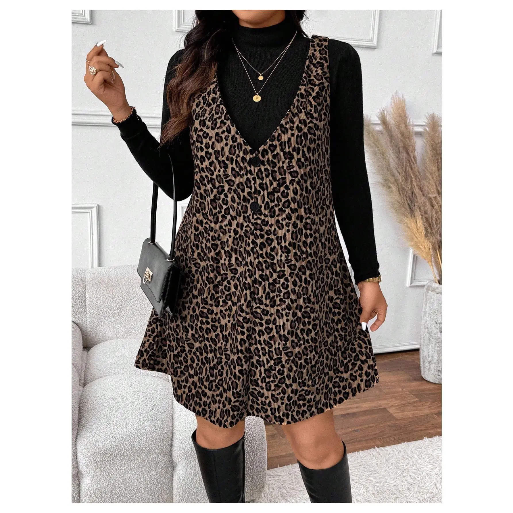 Women's Plus Size Dress Set Leopard Print Overall Short Dress with Long Sleeve Fitted T Shirts Fall Outfits