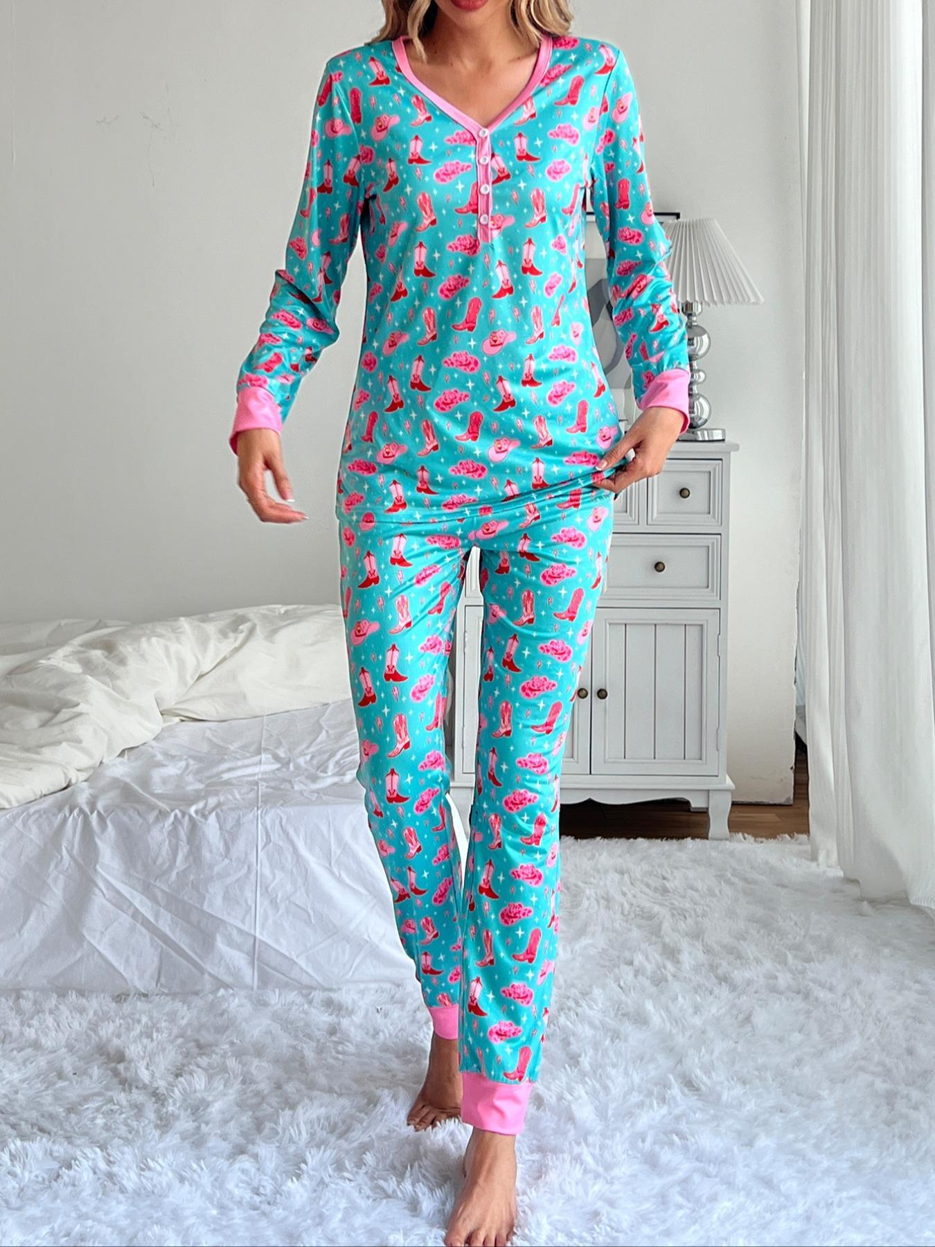 Women's Christmas Print V Neckline Button Front Lounge Set, Casual Comfortable Long Sleeve Top & Elastic Waist Pants Loungewear Set, Ladies Sleepwear for Spring & Fall，womenswear