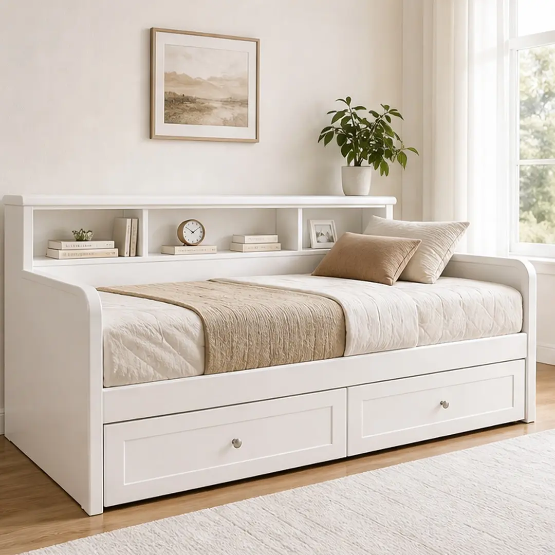 ARCH Single Twin Daybed with Storage Drawers, Shelving Headboard & Wooden Frame (79.3" L x 49.5" W x 49.2" H, 130.73 lb) - White Retro Style, No Box Spring Needed, Assembly Required, for Bedroom & Living Room, Contemporary, Modern