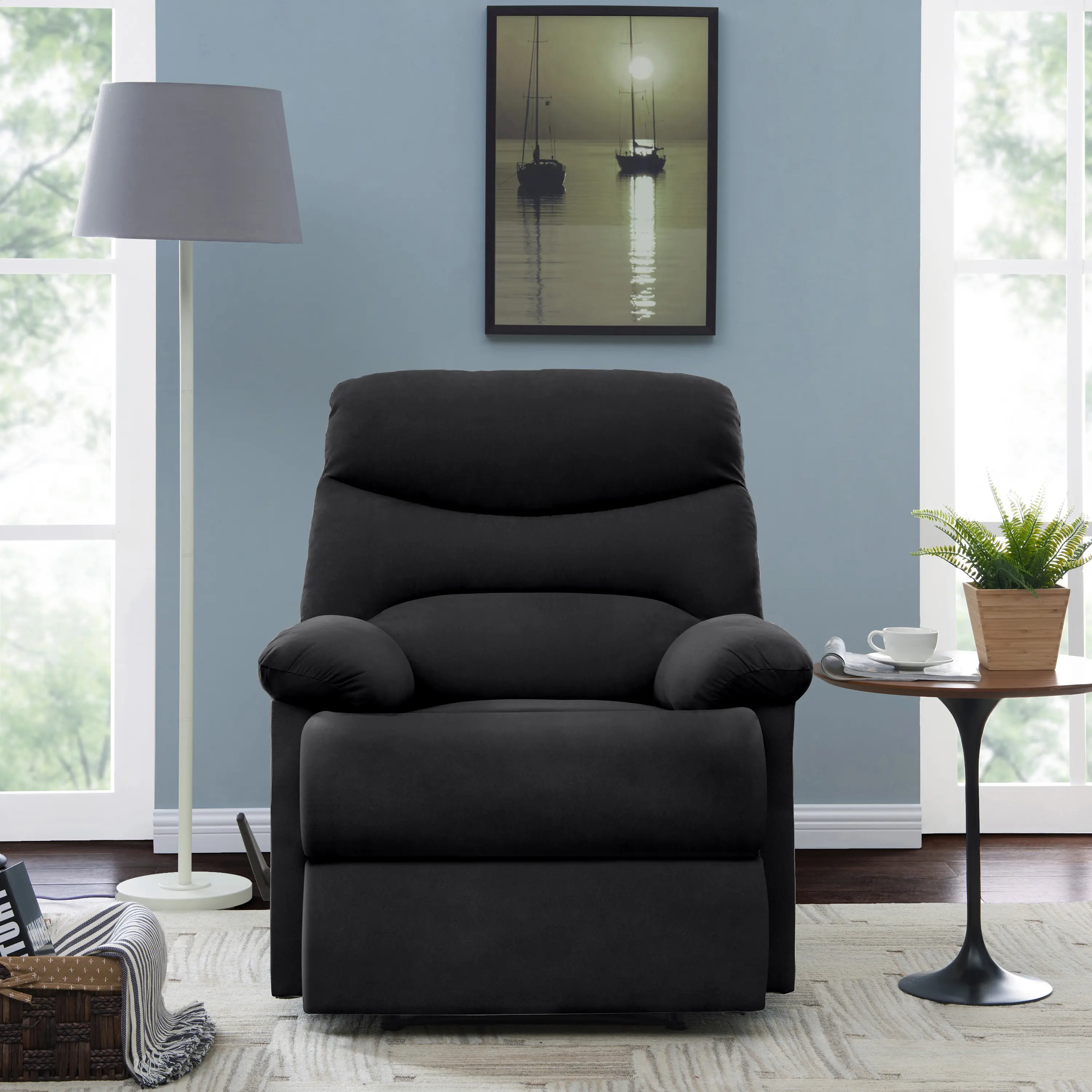 ARCH Wall Hugger Recliner Chair with Baseball Stitch Design in Black Microsuede Fabric, Space-Saving Close-to-Wall Reclining Lounge Chair for Living Room, Bedroom, Home Theater, Single Seat, 1 Count, Home Furniture and Household Product Search