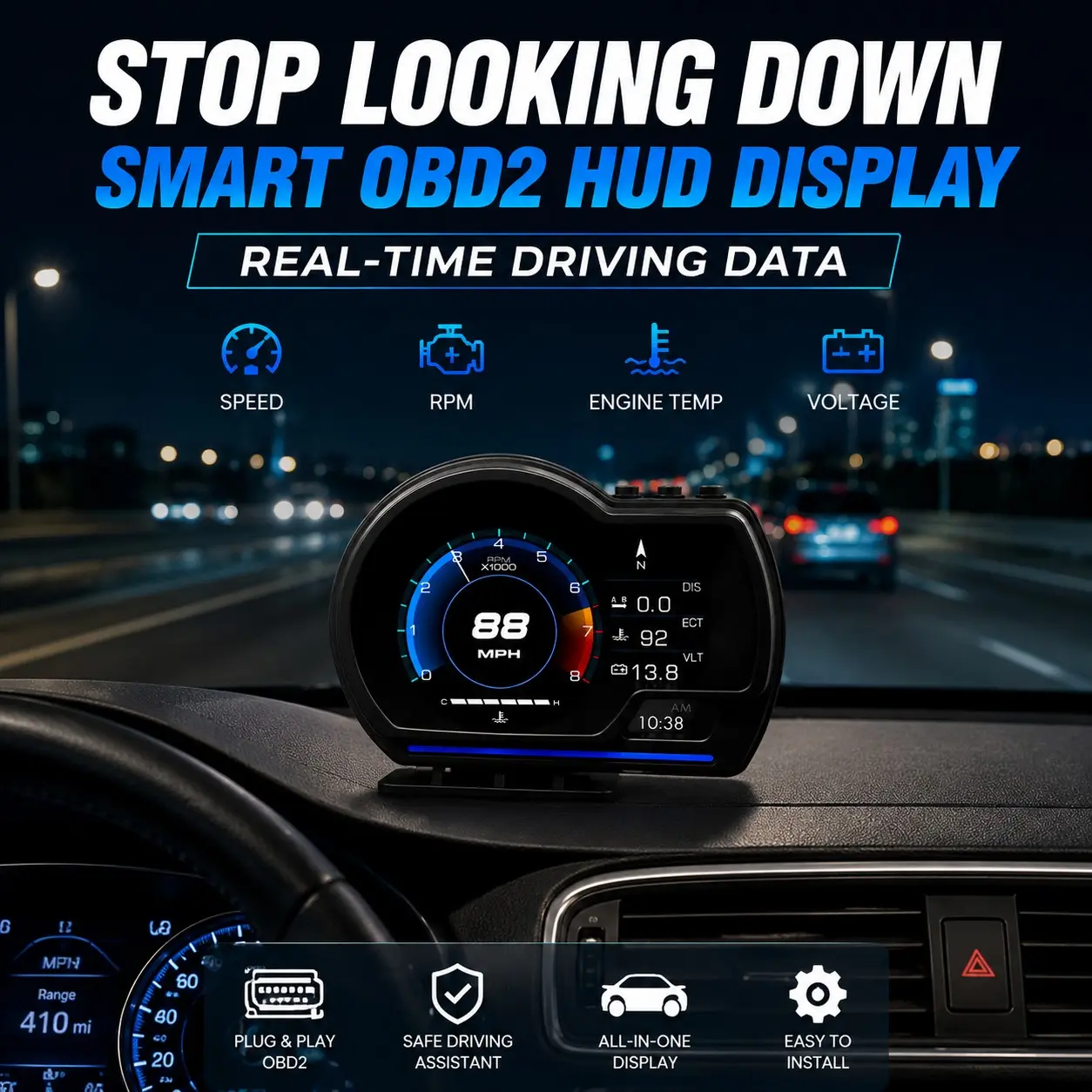 P6 OBD2 Car HUD Display, Smart Digital Dashboard Gauge with Real-Time Speed RPM Voltage Water Temperature, OBD2 + GPS Dual System for Most Cars