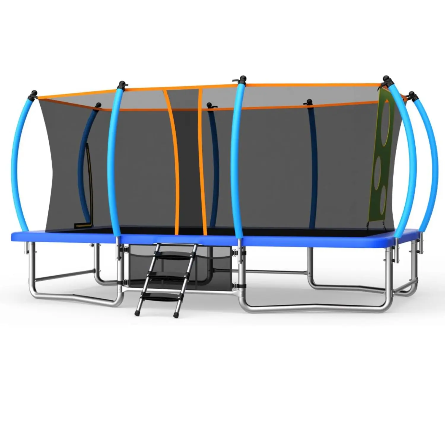 Family Rectangle Outdoor Trampoline - 8x14 FT, 10x16 FT Sizes, All Seasons Use, Certified Safety Enclosure, Ladder, ASTM Compliant, 1760LBS Capacity Anti-Rust Frame, Consistent Bounce, Blue/Green for Backyard, Hassle-Free Installation, Rectangular