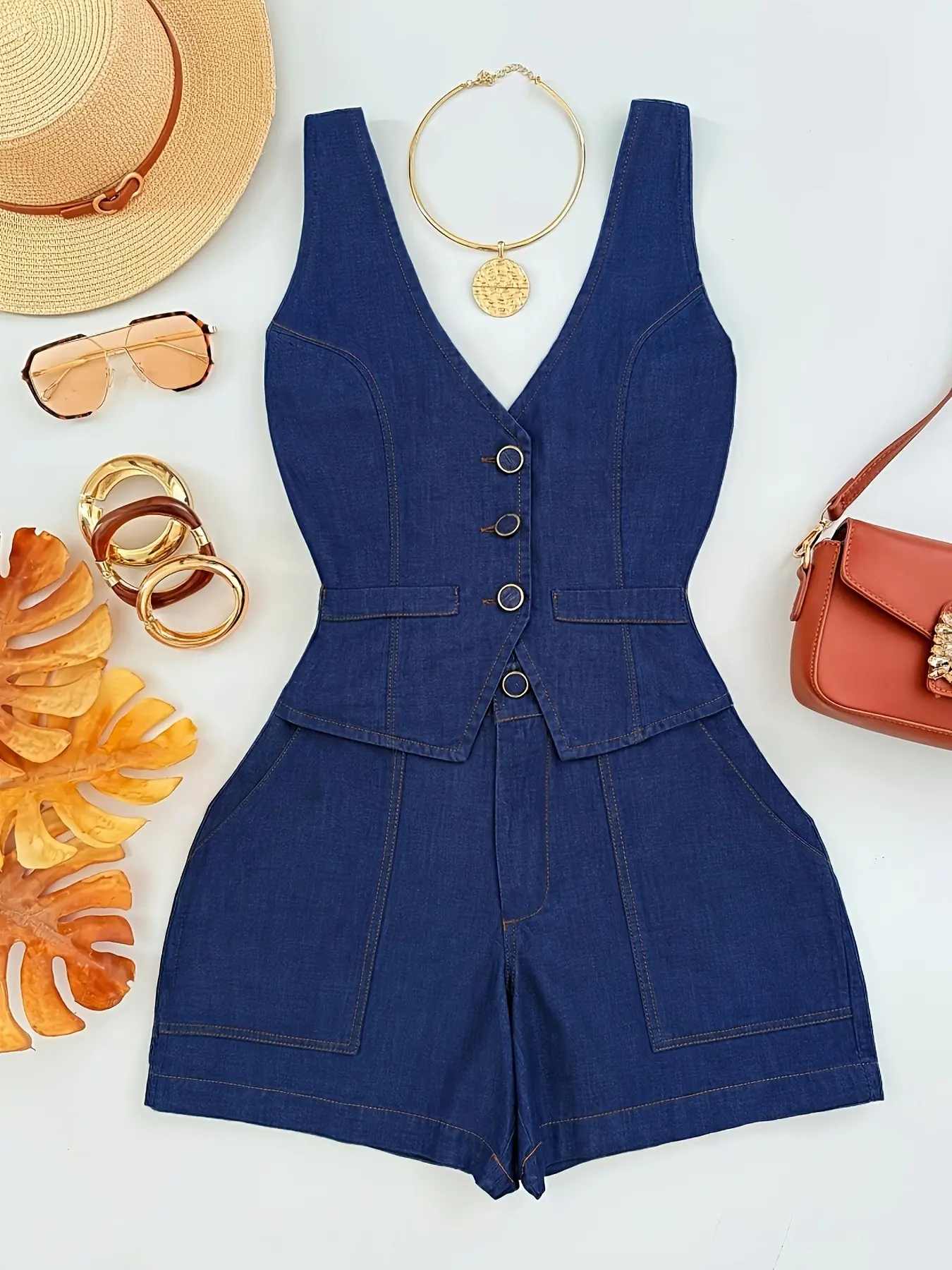 Women's Summer New Vintage Deep Blue V-Neck Sleeveless Top + Simple Fashion Chic Shorts Set Outfit, Two-Piece for Ladies, Stylish and Unique, Womenswear