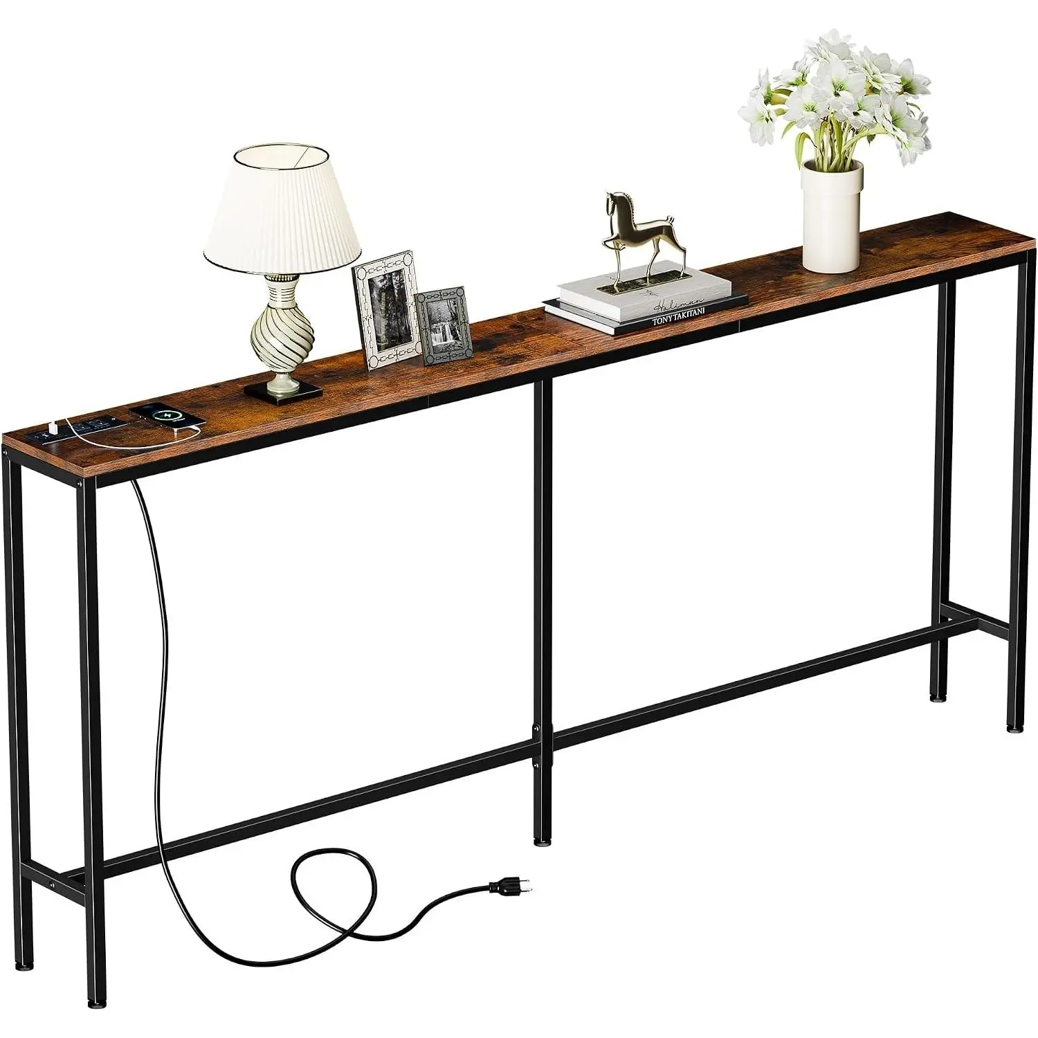 70.8" Console Table with Power Outlet, Narrow Wood Sofa Table with Charging Station, Entryway Hallway Behind Couch Table with USB, Living Room Foyer, Rustic Brown