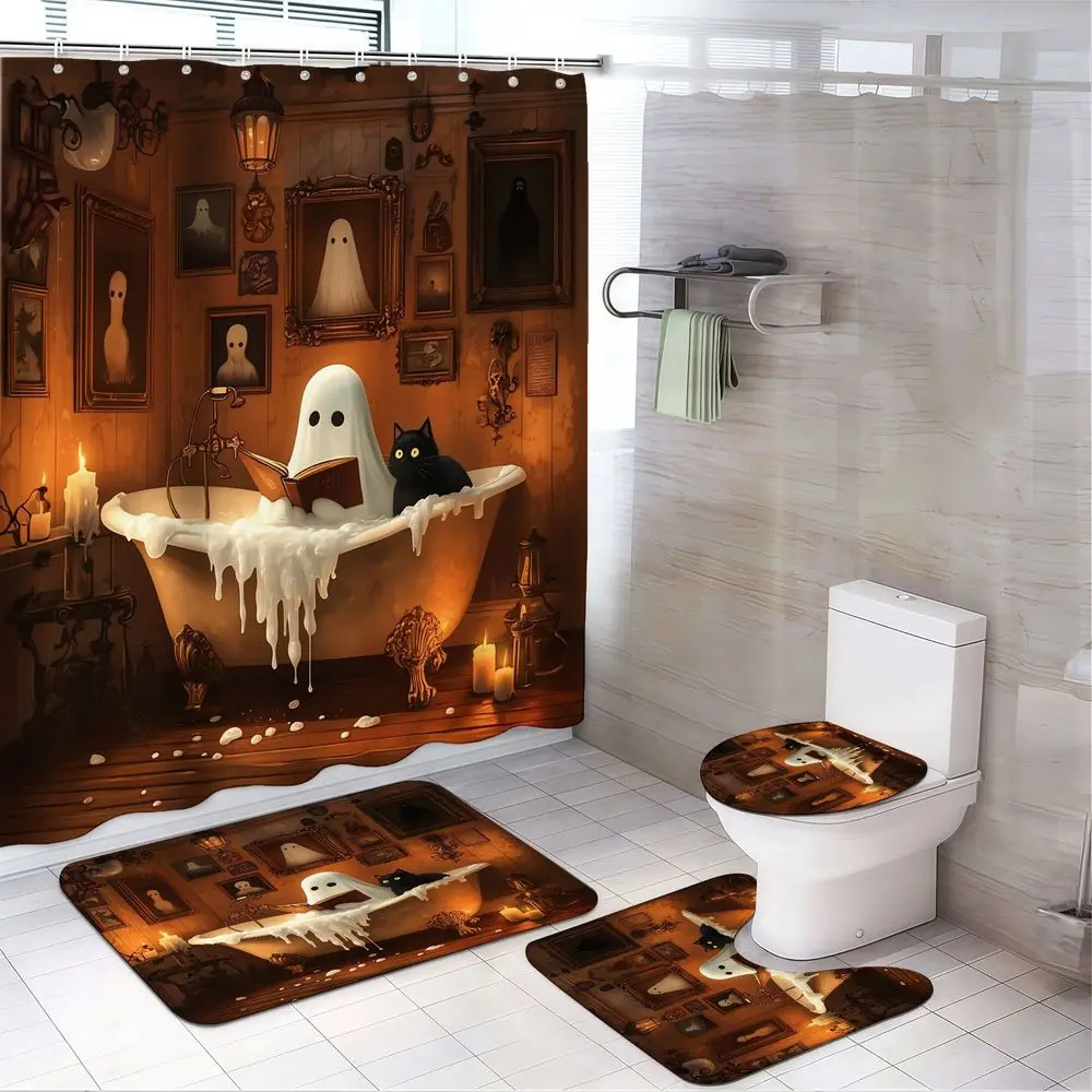 4pcs Spooky Haunted Ghost Bath Curtain Set, Shower Curtain Sets, Halloween Pumpkin Lantern Cottage Scene Print, Creepy Candlelit Hallway & Spooky Skeleton Art, TikTok Trending Decor