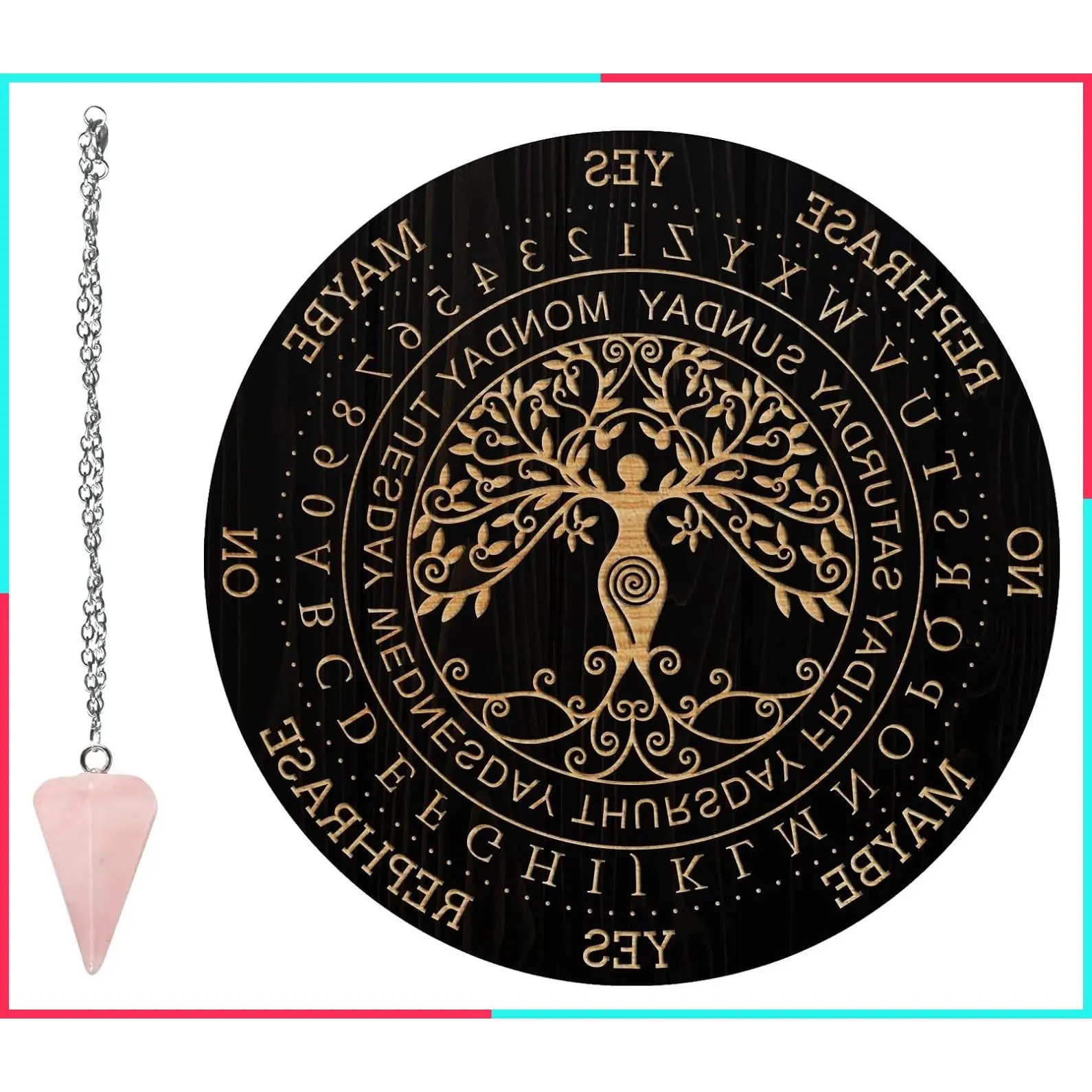 Wooden Dowsing Divination Pendulum Board Set with Crystal Pendulum Necklace, Metaphysical Message Board for Witchcraft Wiccan Altar Supplies Kit, Tree of Life Pattern