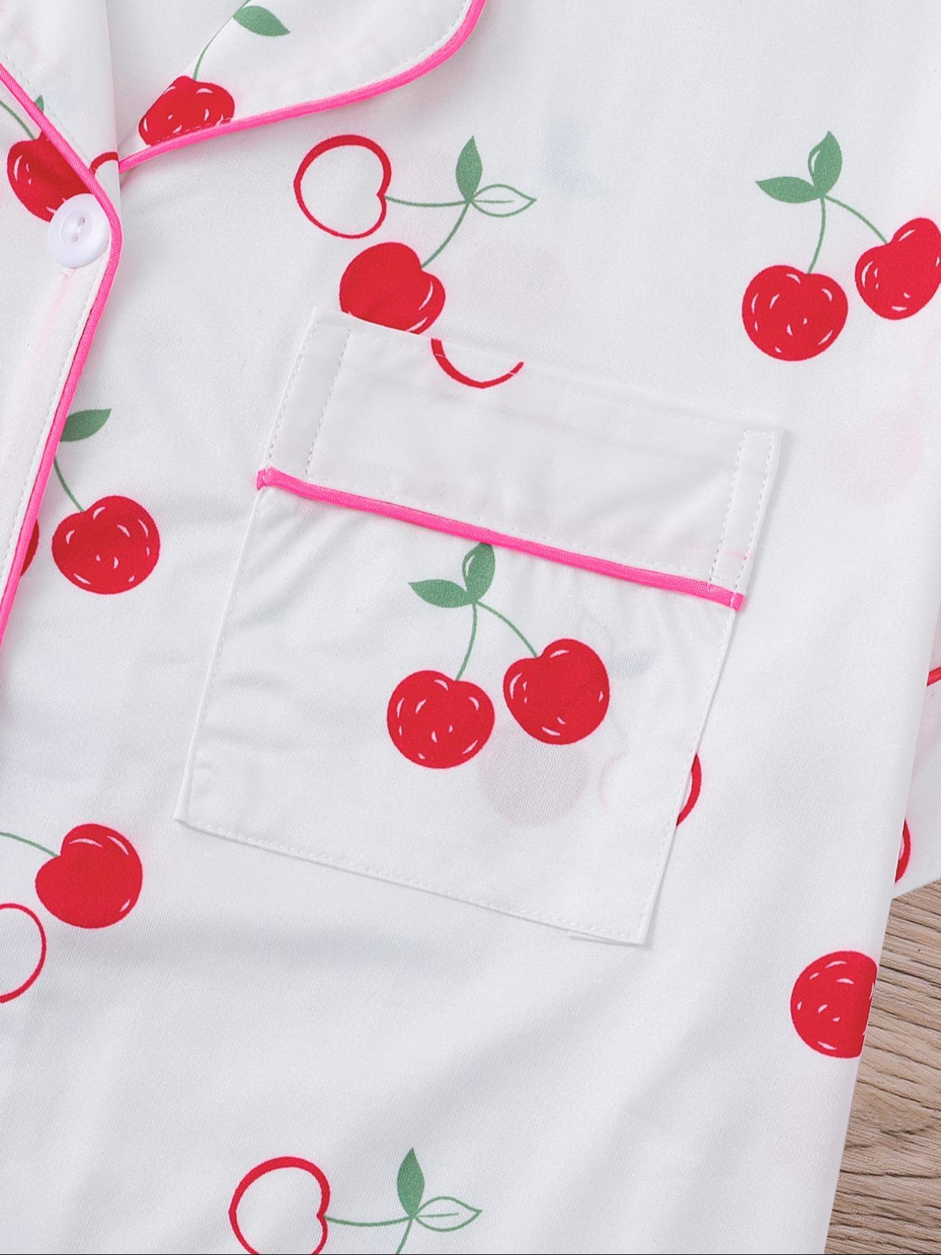 Women's Cherry Print Shirt & Elastic Waist Shorts Pajama Two-piece Set, Casual Comfy Short Sleeve Top & Shorts Pj Set, Ladies Sleepwear for All Seasons, Womenswear, Pyjamas