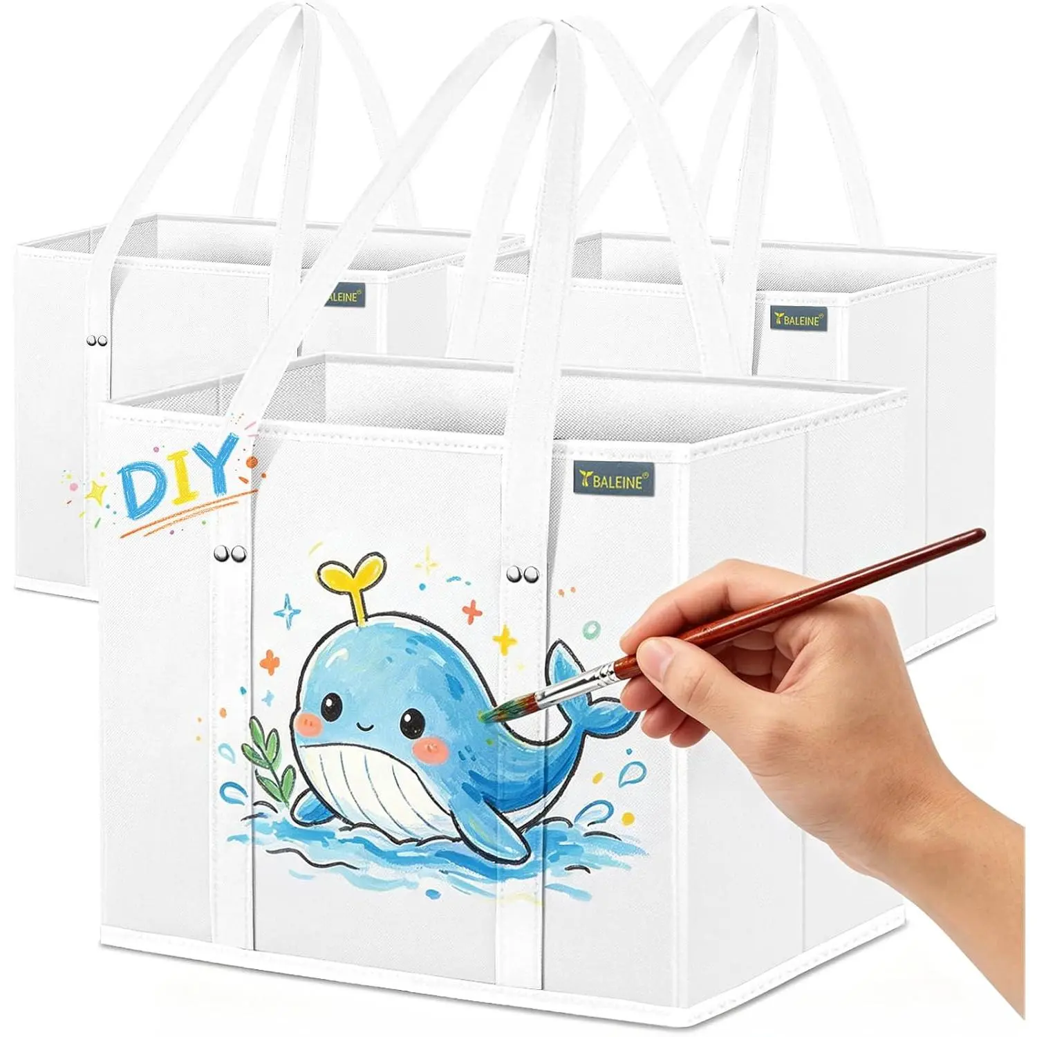 3 Pack Extra Large Reusable Grocery Bags, Rigid Box-Shaped Foldable Totes with Reinforced Bottoms and Long Handles for Trunk Organizing, Reverse-Folding Foldable Shopping Bags, Self-Storing Shopping Bags