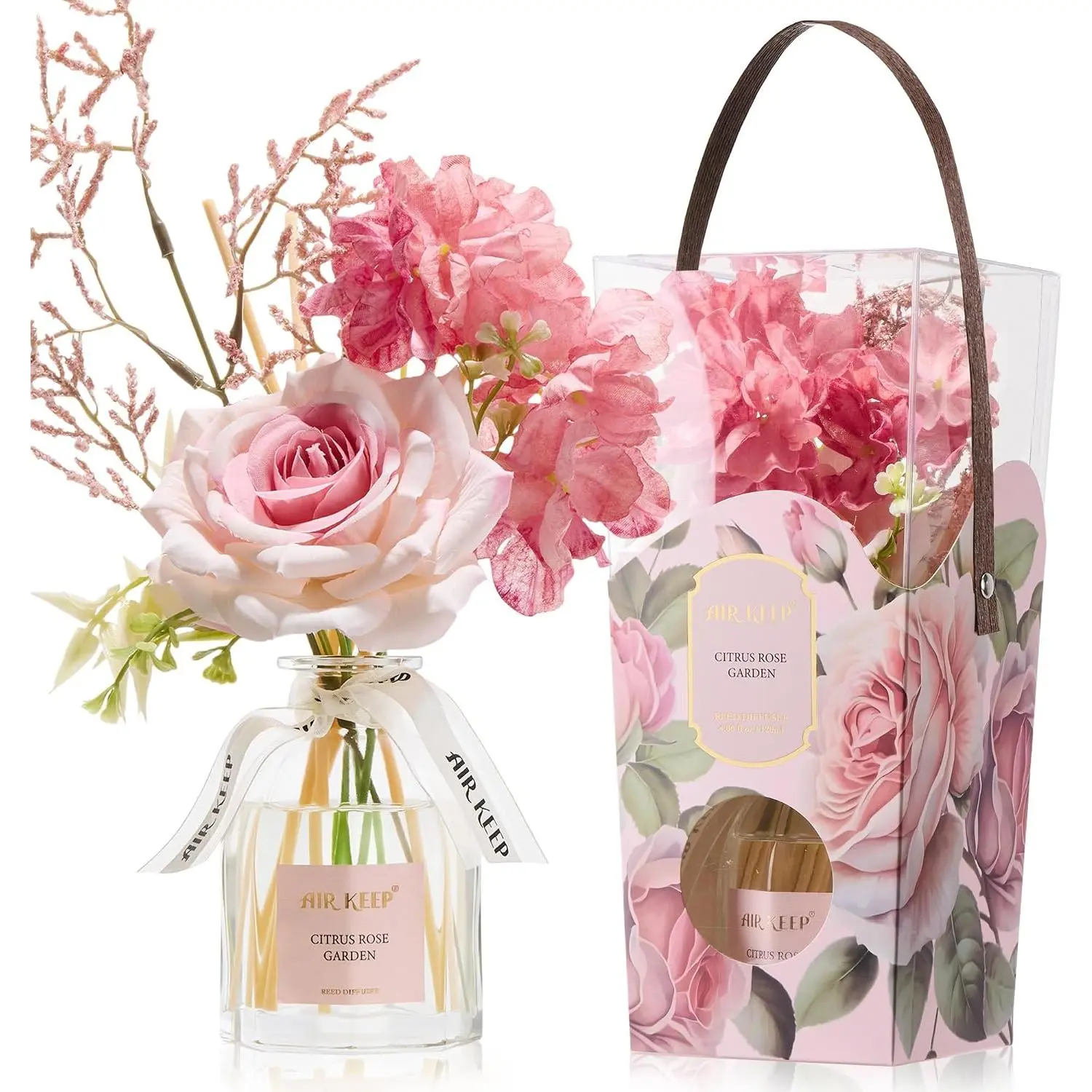 Flower Reed Diffuser Set, Citrus Rose Garden Diffuser Gift Set,4.06 fl oz Essential Oil Sticks Diffusers for Bathroom Air Freshener, Aromatherapy Home Fragrance for Shelf Decor,Gift for Women