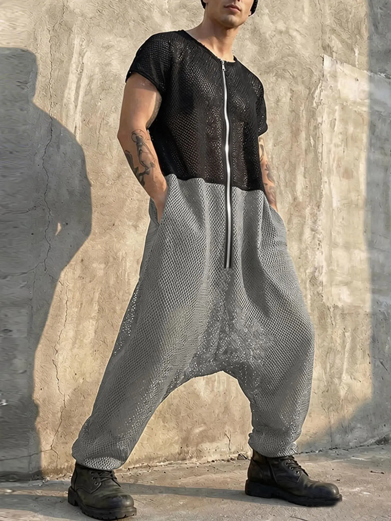 INCERUN Men's Fashion Romper, Jumpsuit, Colorblock Mesh Design, Elastic, Short Sleeve, Casual Daily Wear, Stylish and Comfortable, Perfect for Everyday