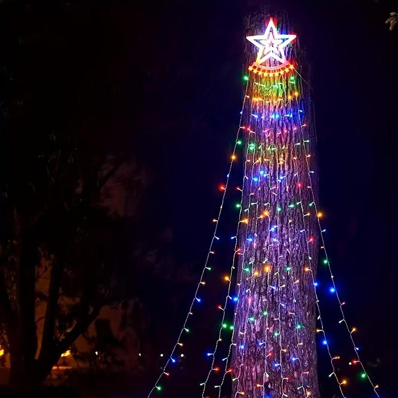 1 Solar Christmas Decorative Star Waterfall Tree Light with 8 Modes, Perfect for Outdoor Garden, Yard, and Patio Holiday Decor