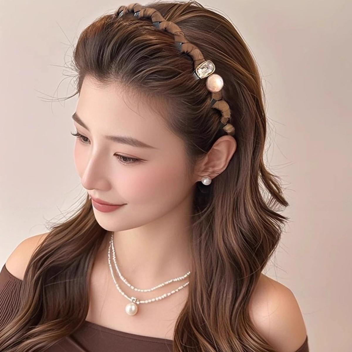 3pcs Pearl and Rhinestone High Crown Wave Headband with Teeth, Non-slip Face Wash Hair Clip, New Style Women's Comb Headband