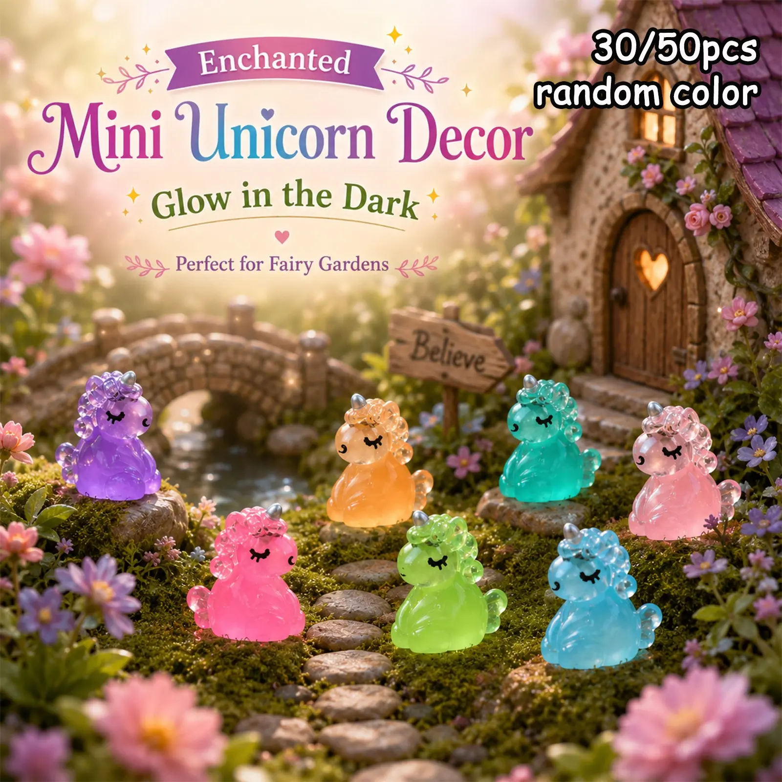 30pcs Night Glow Resin Mini Unicorn Decorations, Transparent Colorful 3D Animal Figurines, DIY Craft Accessories, Fish Tank Landscape, Aquarium Decor, Desk Decoration
