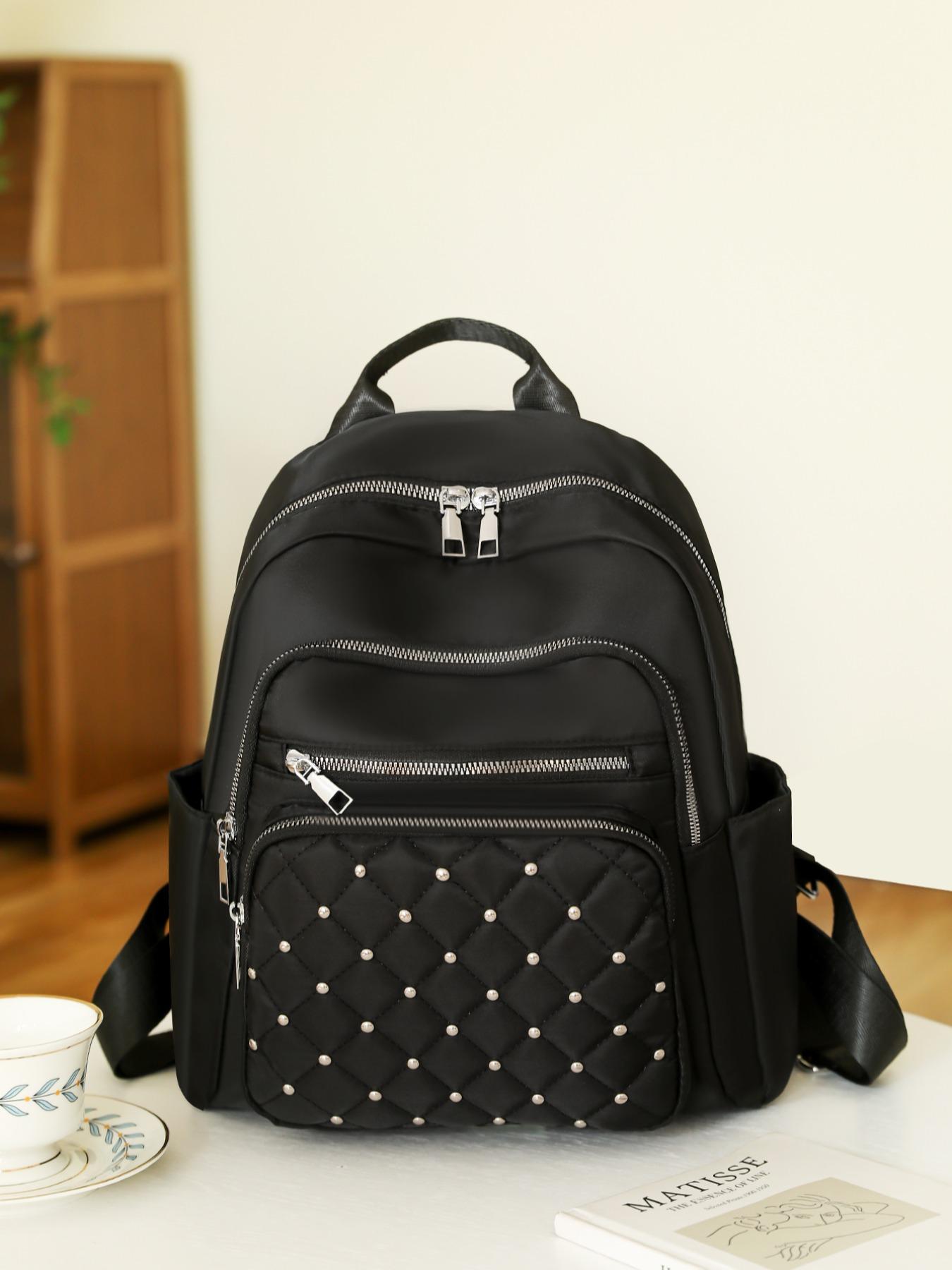 Rhombus Quilted Faux Pearl Decorated Backpack, Casual Zipper Backpack for Women, All-match Commuter Bag for Daily Used, Perfect for College Students