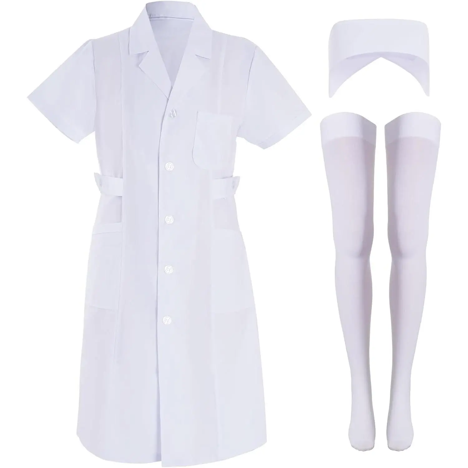 3pcs Women's White Nurse Costume Set with Short Sleeve Lab Coat Doctor Dress Halloween Cosplay Outfit(Gift)