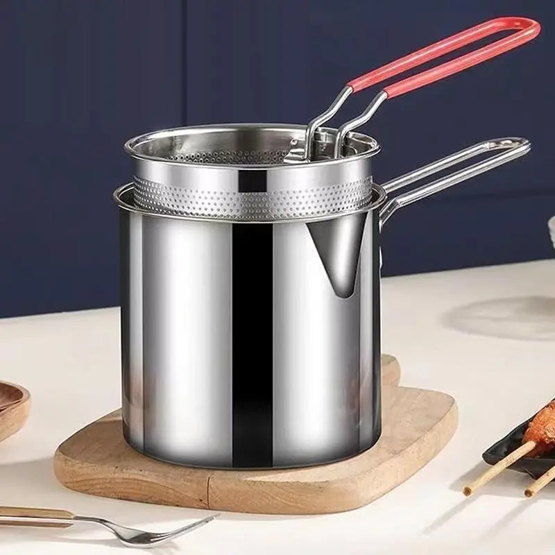 Mini Stainless Steel Deep Fryer Pot with Removable Mesh Basket, Deep Fryer with Basket for Home Use, Compact Kitchen Stock Pot, Cooking Pot for French Fries, Fried Chicken, Vegetables, Home Deep‑Frying & Boiling Cookware
