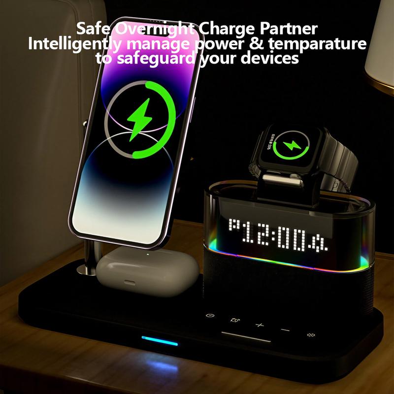 5-in-1 Wireless Charger with Clock, Mobile Magnetic Wireless Charger Stand for iPhone Apple Watch Airpods, for Magsafe Charger Set, Black Charging Station, for Smartphone, Cellphone, Electronic, Magnetic Charging Design, Charging Dock