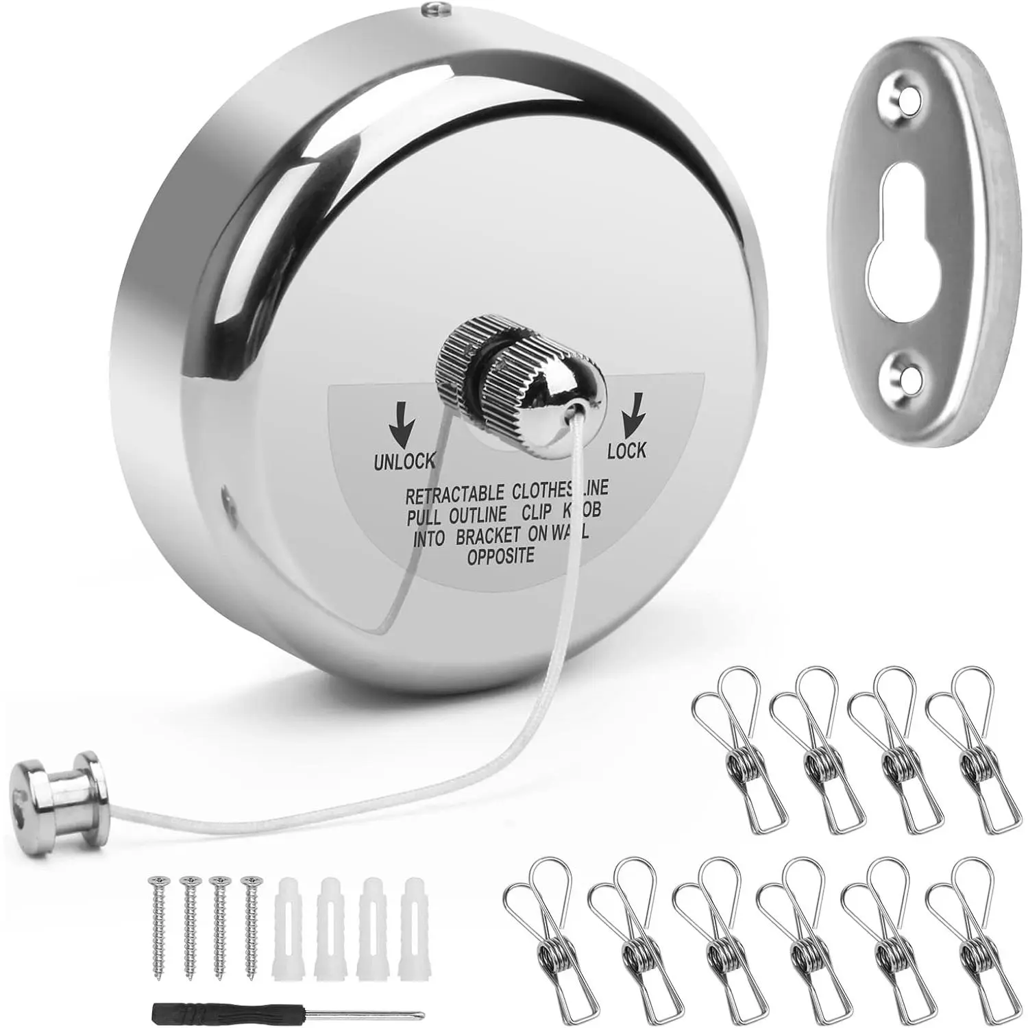 Stainless Steel Retractable Clothesline Outdoor, Shower Laundry Line Indoor | Heavy Duty Round Shower Clothes Line, 9.2FT Adjustable Nylon String with 10P Metal Clothespins for Hotel, Bathroom, Laundry