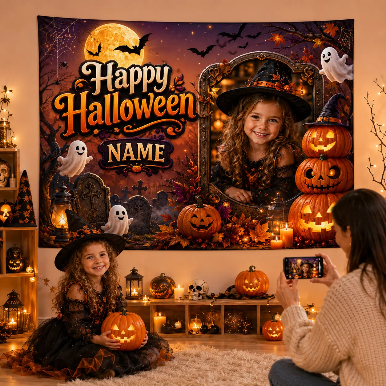 Personalized Halloween Backdrop with Custom Photo and Name, Witch Pumpkin Themed Autumn Decor Banners, Colorful Festive Party Supply