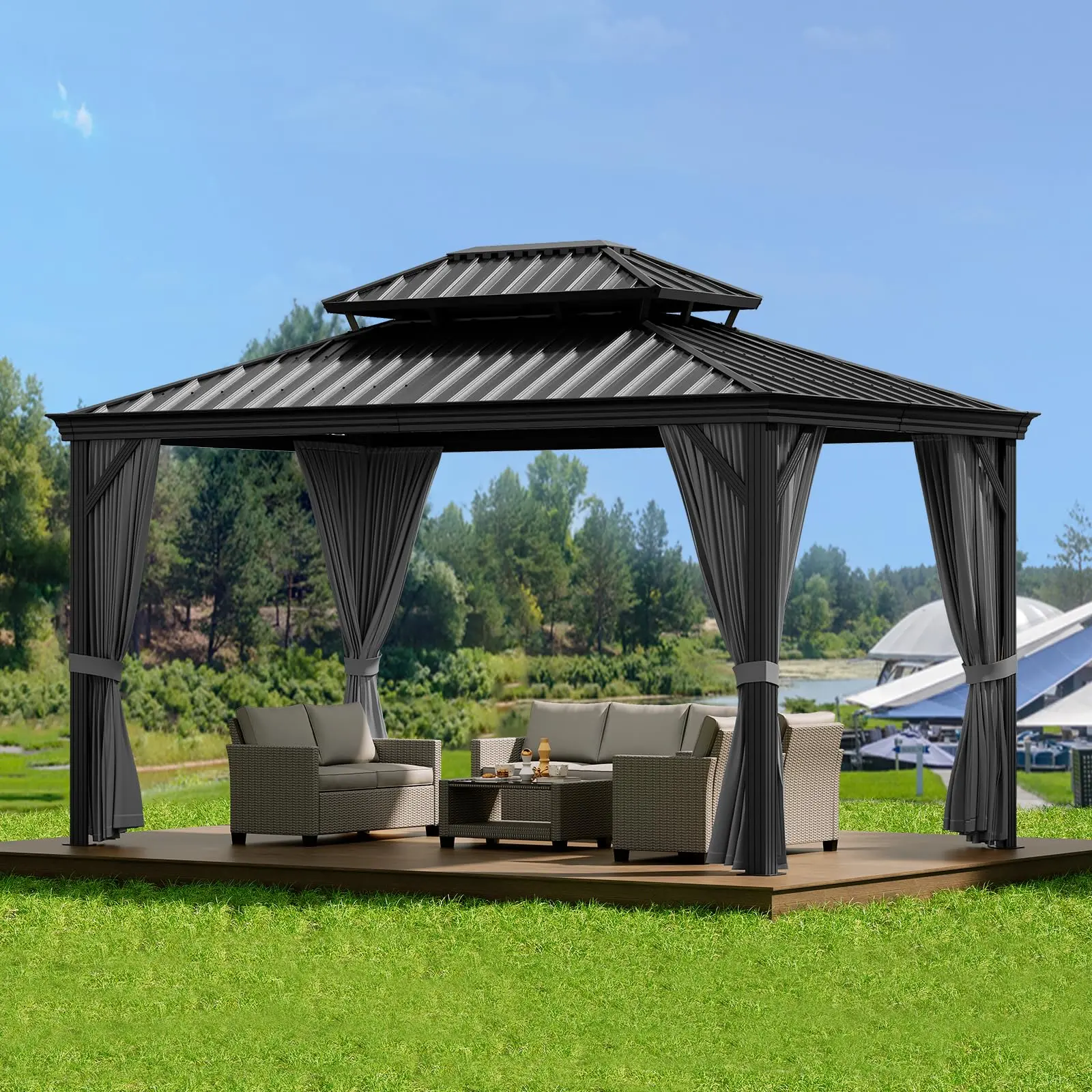 Permanent Hardtop Gazebo 10x12ft – Polycarbonate/Tin Double Roof, Outdoor Aluminum Frame, Curtains & Netting, Weather-Resistant Pavilion for Garden, Patio, Lawn, Backyard