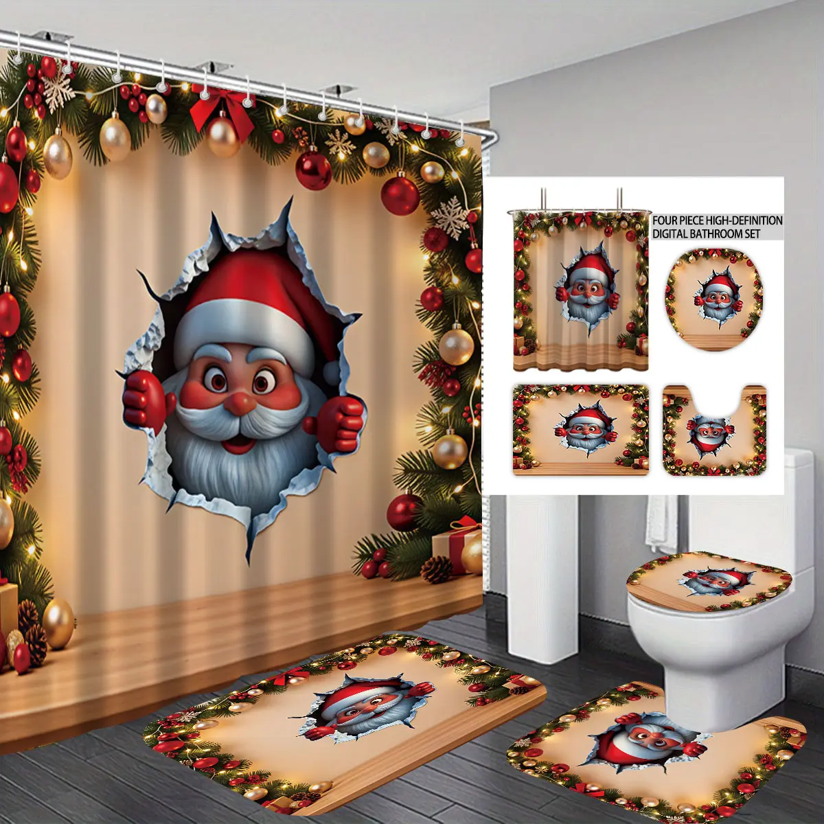4‑Piece Digital Printed Bathroom Set,3D Hollow Santa Claus Christmas Shower Curtain+Bath Mat+U‑Shaped Toilet Cushion+Toilet Seat Cover,Holiday Bathroom Decor,Great Christmas Gift Choice