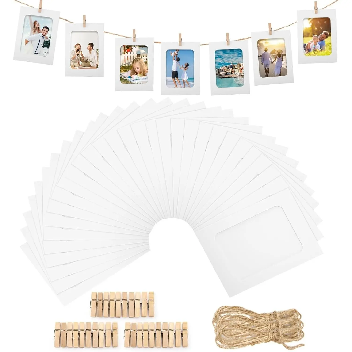 30Pcs Paper Picture Frames - 4x6'' White Paper Photo Frames Cardboard Picture Frames with Clip and String DIY Clip Photo Holders Photo Hanging Display Kit Wall Decoration for Home Party Office