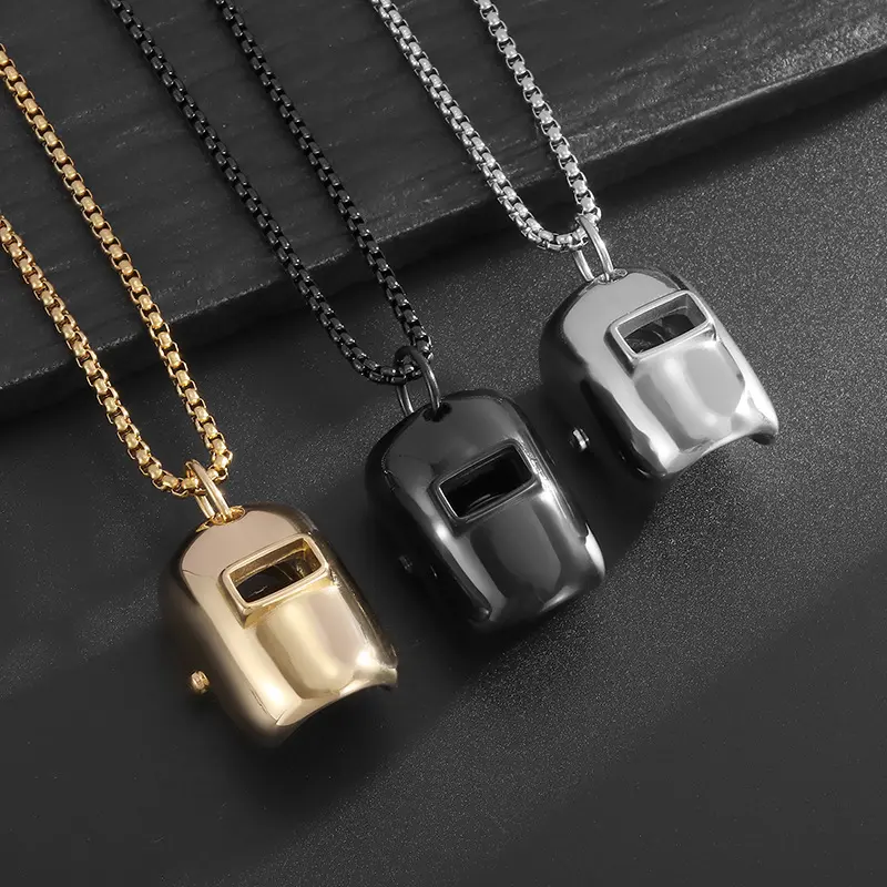 3D Welding Helmet Pendant Necklace, 3 Tone Gold Silver Black Stainless Steel Welder Mask Box Chain Unisex Worker Statement Jewelry | Industrial style | A Perfect Gift Choice
