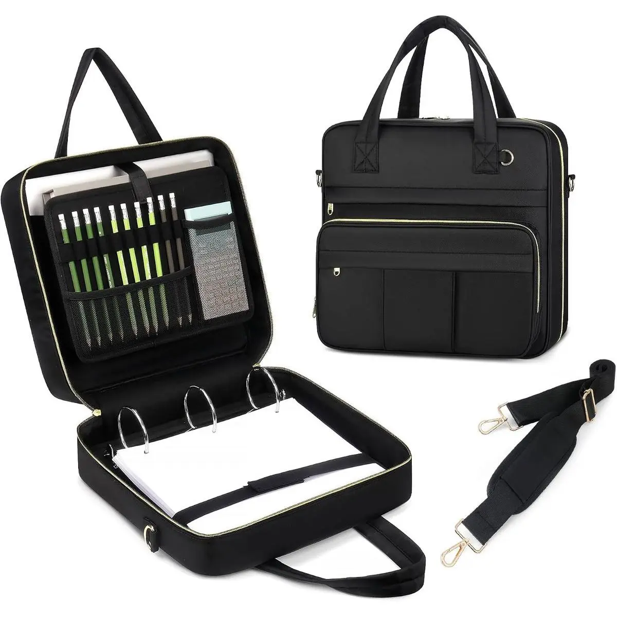 Zipper Binder | 3 Inch O-Ring, 600 Sheet Capacity Trapper Keeper with Shoulder Strap & Handle, Binder Bag with Multiple Storage Pockets, Fits 13" Laptop (Black)