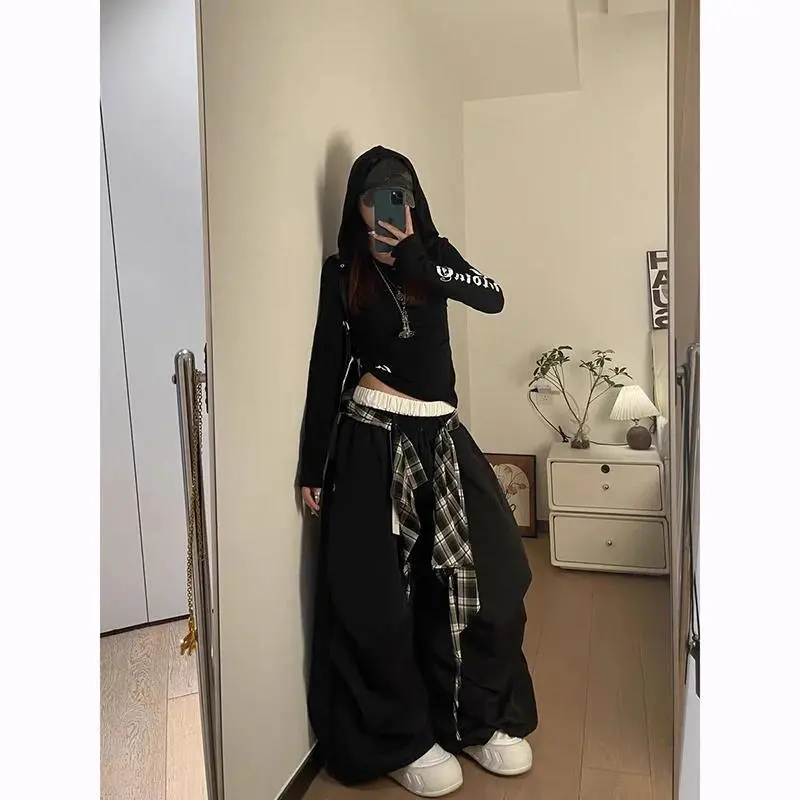ZHIZOU Black Baggy Parachute Pants Y2k Vintage Sweatpants Cargo Pants Harajuku Japanese 2000s Style Trousers Clothes Autumn 2025