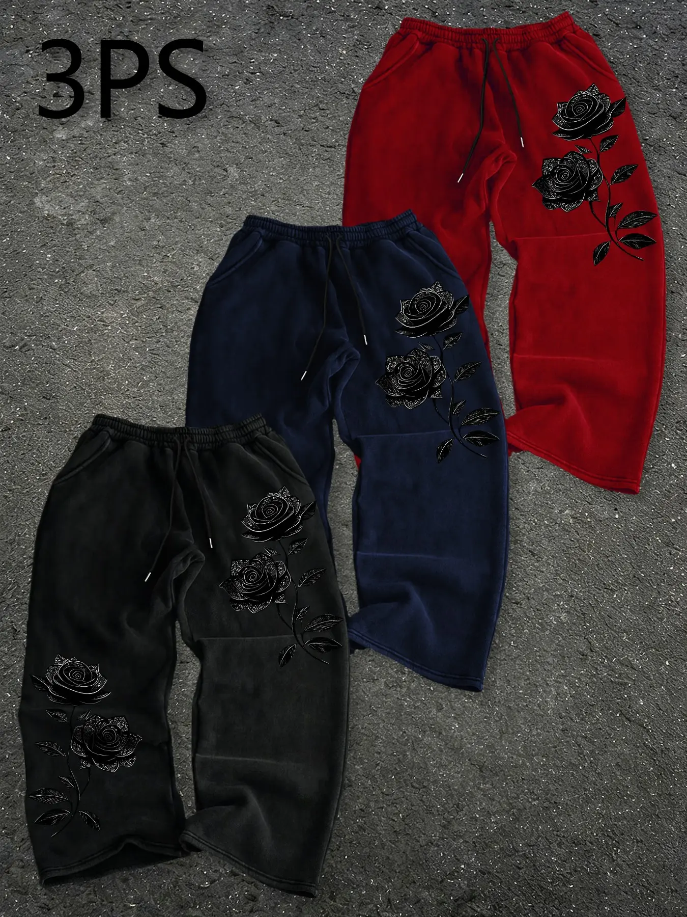 Men's Vintage Washed Baggy Loose Fit Wide Leg Sweatpants, Gothic Rose Floral Graphic Print Drawstring Joggers, Casual Dark Streetwear Loose Trousers #RosePrintPants #GothicStreetwear #WashedSweatpants #WideLegJoggers #TikTokMadeMeBuyIt