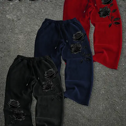 Men's Vintage Washed Baggy Loose Fit Wide Leg Sweatpants, Gothic Rose Floral Graphic Print Drawstring Joggers, Casual Dark Streetwear Loose Trousers #RosePrintPants #GothicStreetwear #WashedSweatpants #WideLegJoggers #TikTokMadeMeBuyIt