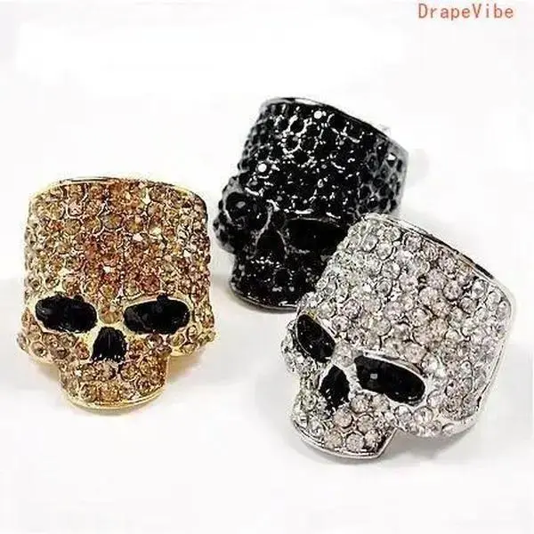 Skull Ghost Head Full Diamond Metal Ring - Hip Hop Punk Exaggerated Stackable Statement Piece, Nightclub Accessory for Sports & Outdoor Fan Shop Rings