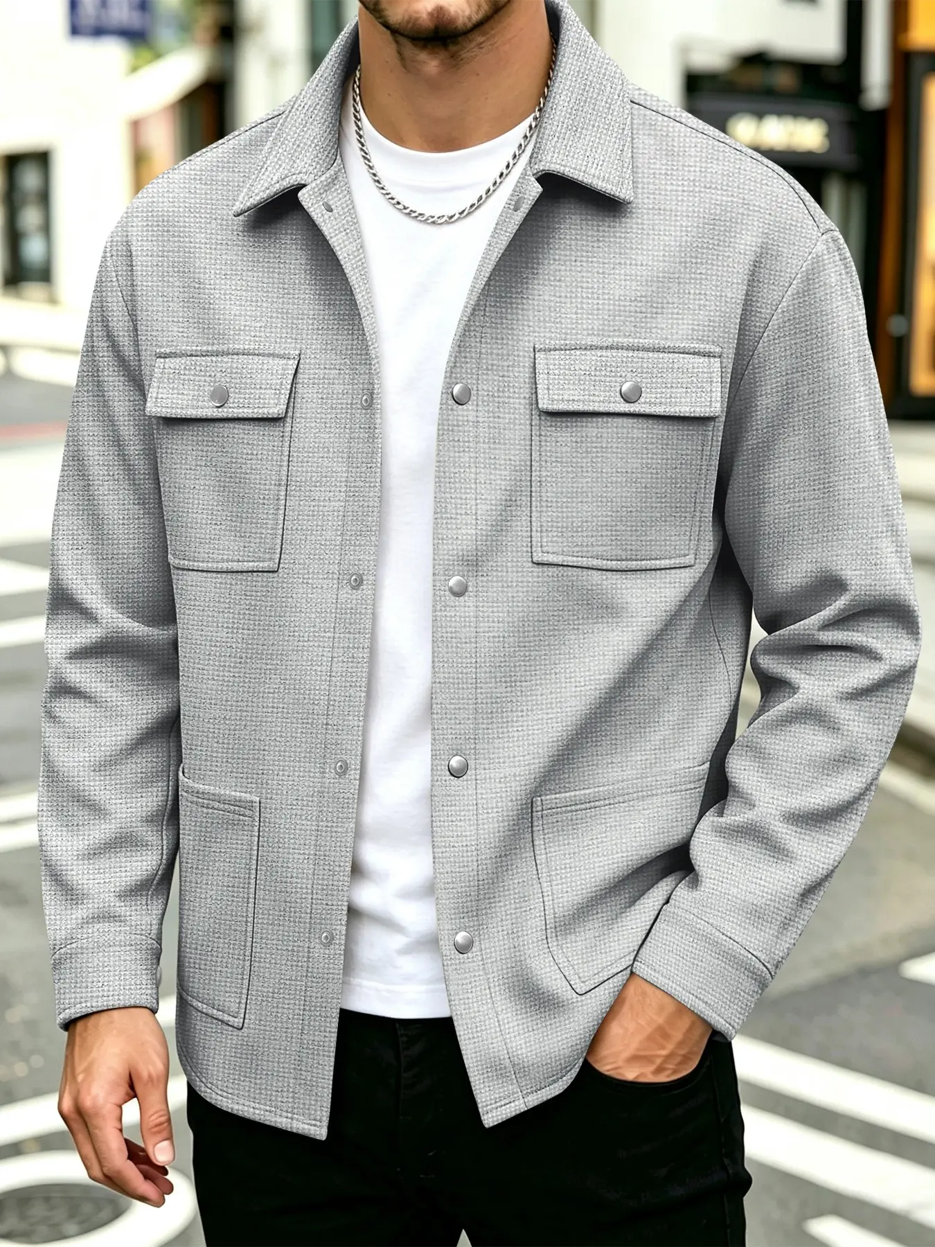 Men's Waffle Texture Work Jacket, Lapel Multi-Pocket Button Closure, Casual Long Sleeve Collared Work Shirt Style Coat, Comfortable and Stylish